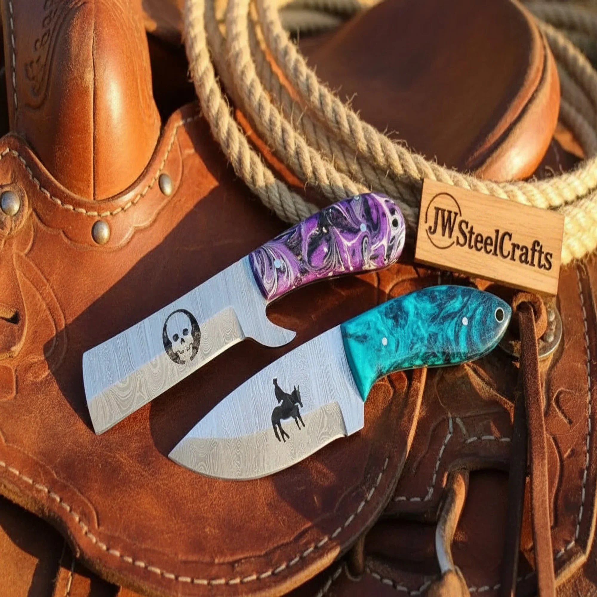 Canyon Ridge Cowboy Skinner knife Set of 2 Purple &amp; Blue Resin Handle Skull Cowboy Engraved Full Tang