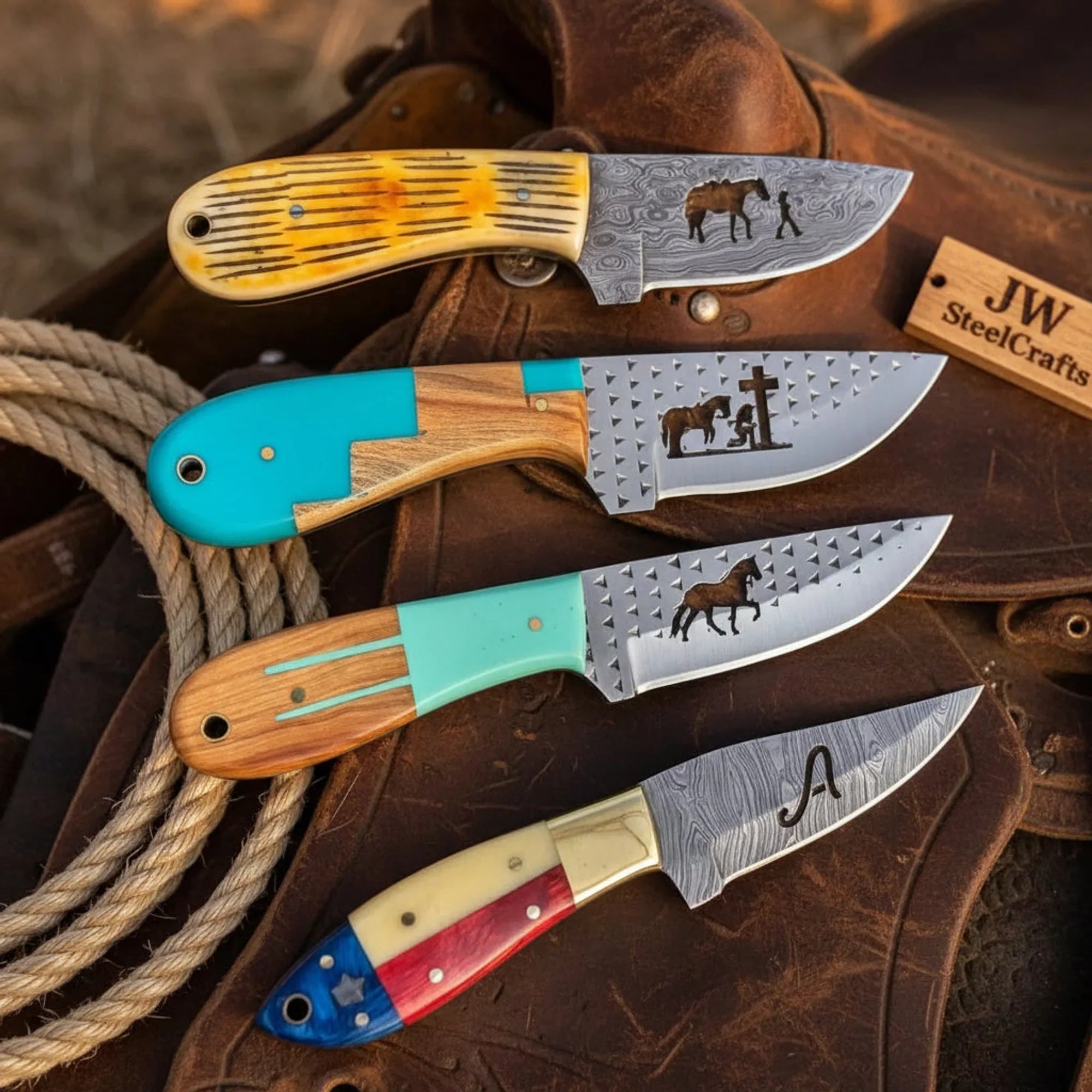 Handmade Engraved Cowboy Knife Set of 4, Resin &amp; Bone Handle, 7" Fixed Blade Set