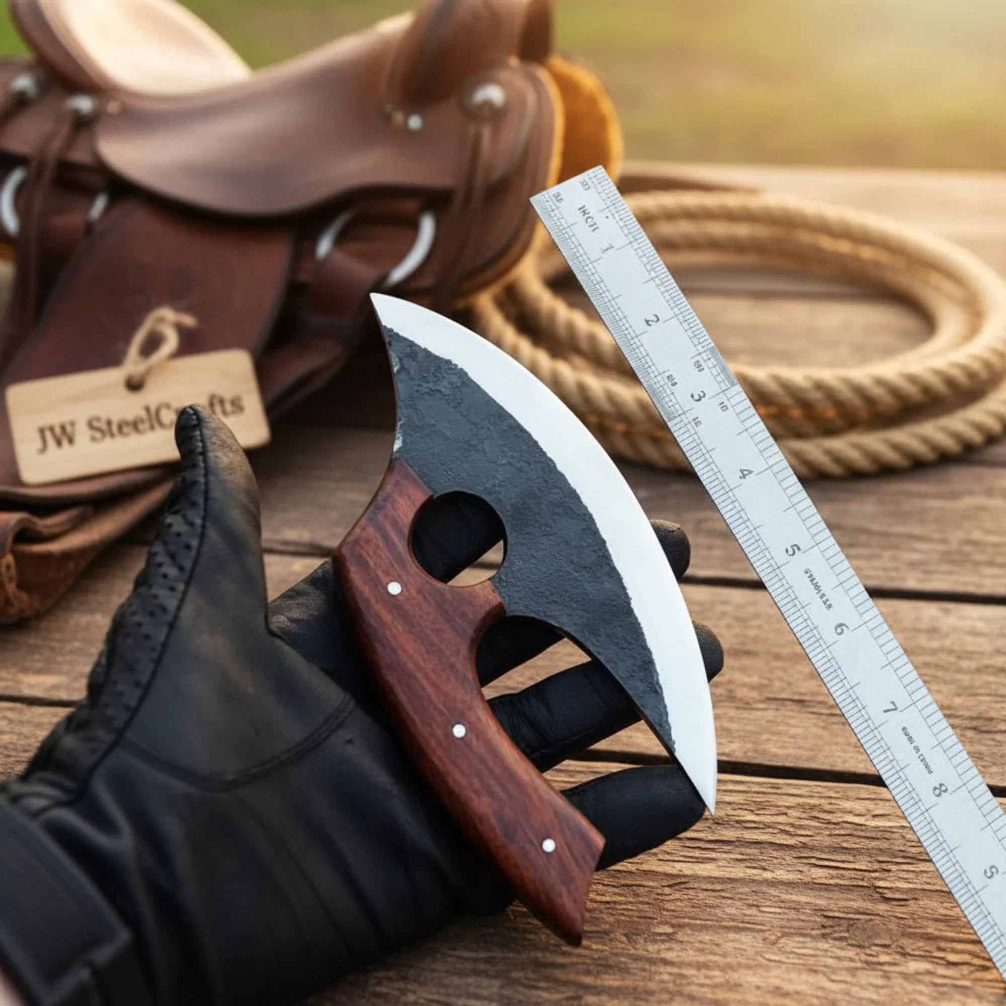 Custom Handmade Western Bull Cutter Knife Bull Cutter &amp; Ulu Ram Horn Handle Cross Pouch