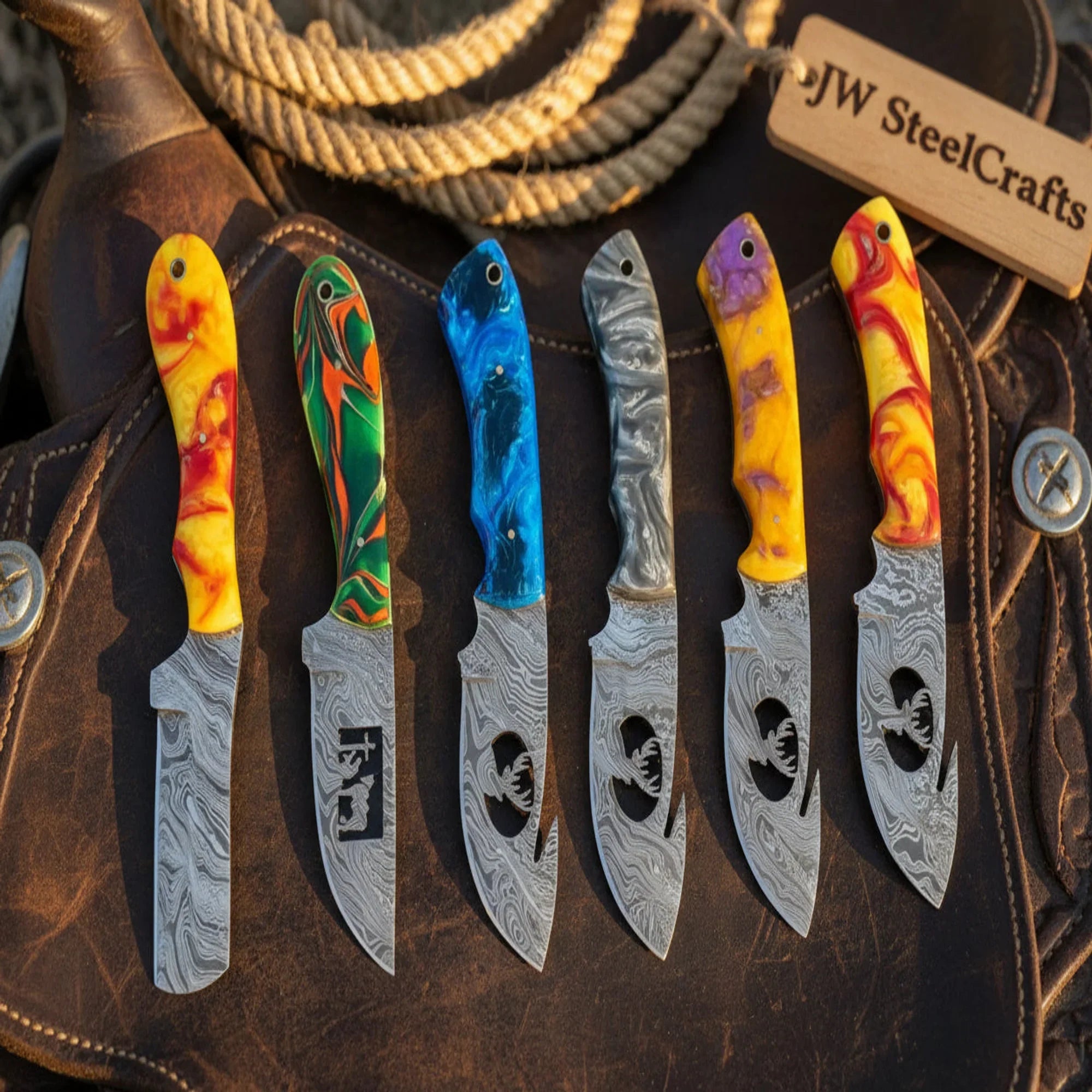 Cowboy and Wire Cutout Skinner Knife Set with Multi Color Resin Handles