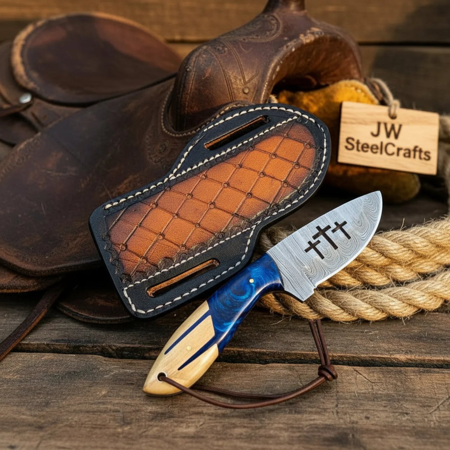 Blue Cross Wirecut Skinner Knife with Resin and Wood Handle