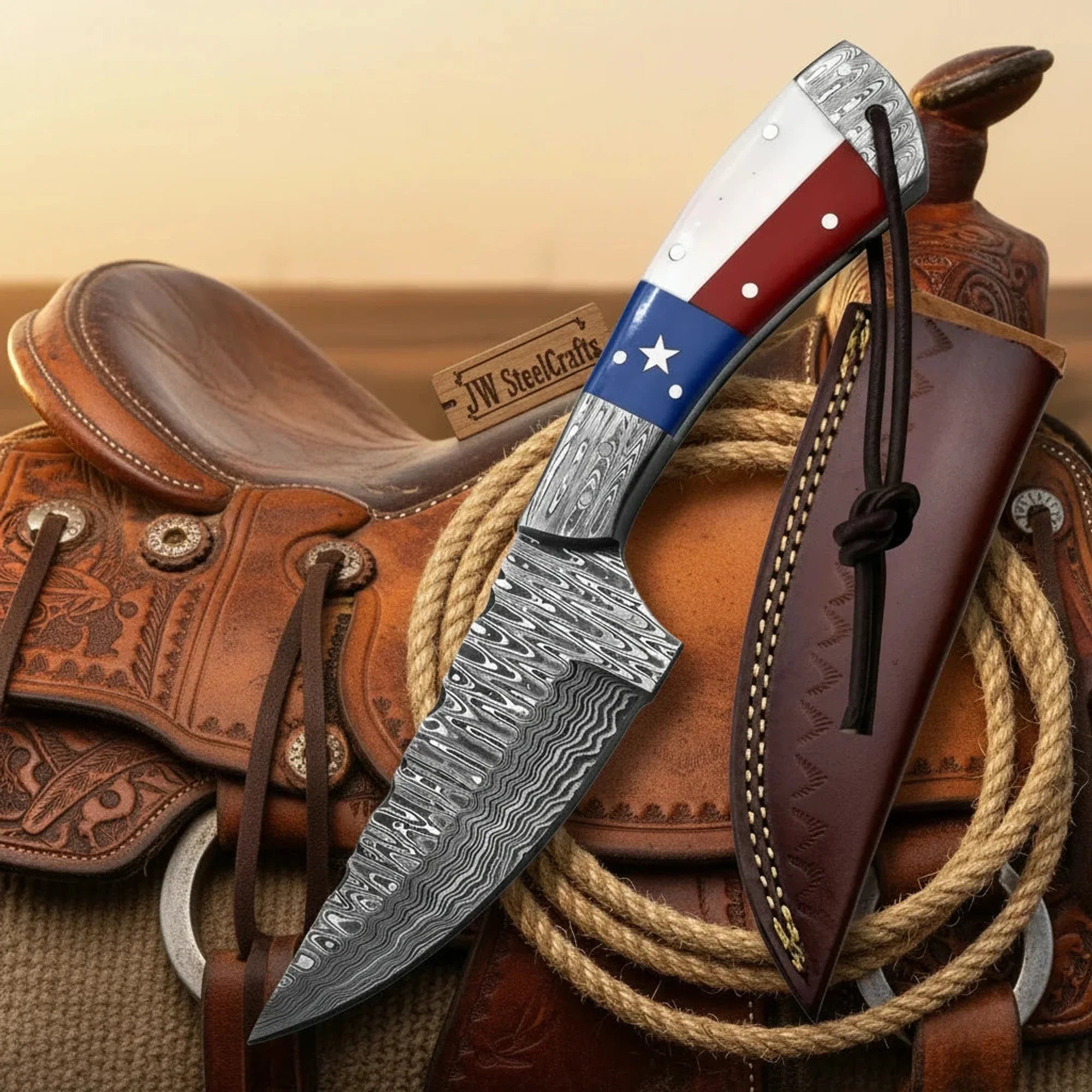 Texas Flag Lone Star Skinner Knife with Damascus Steel Blade