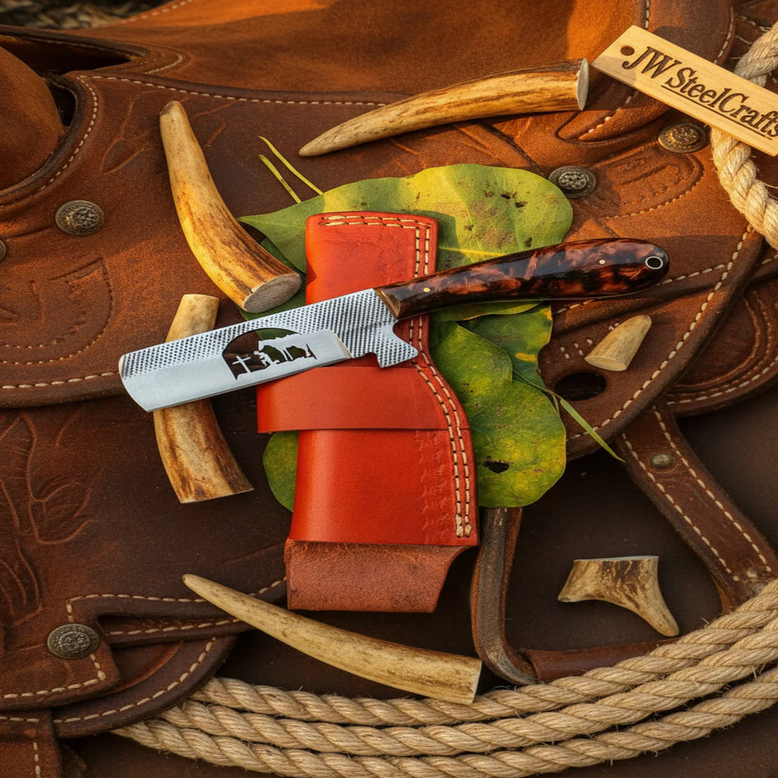 Rasp Straight Cowboy Cleaver Knife with Resin Handle, 7 Inch Handmade Blade