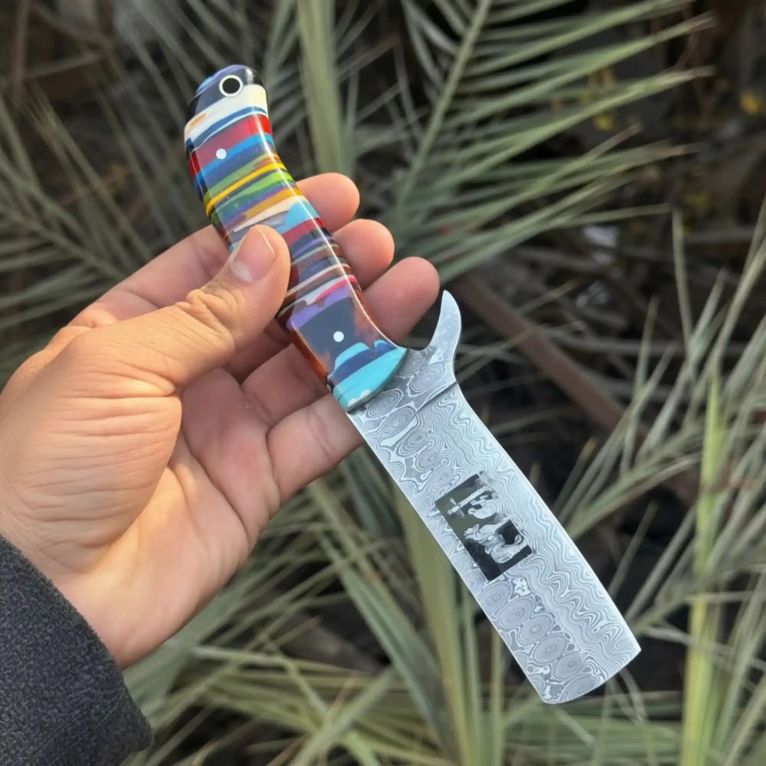 Damascus Bull Cutter Knife — Multi-Color Rainbow Resin Handle, Christian Cross Blade Engraving, Steel Bolster &amp; Lanyard Hole
