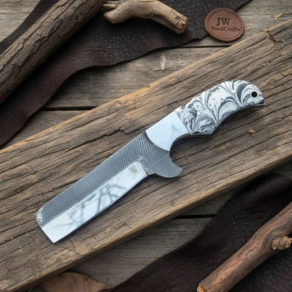 Rasp Steel Bull Cutter Knife — White and Black Marble Resin Handle, Bottle Opener Blade, Steel Bolster &amp; Lanyard Hole