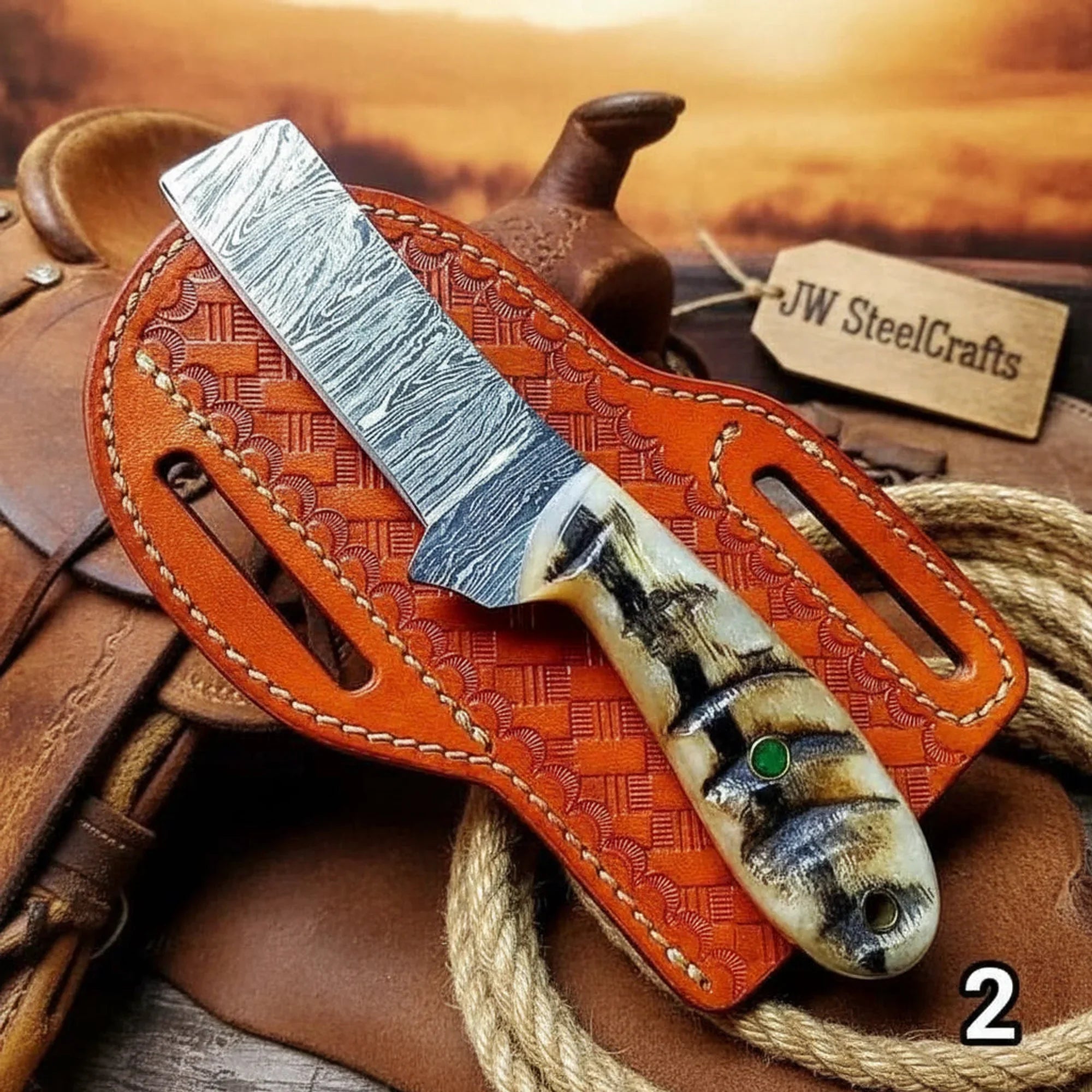 Handmade Damascus Steel Bull Cutter Knife 8" with Ram Horn Handle &amp; Tooled Leather Sheath