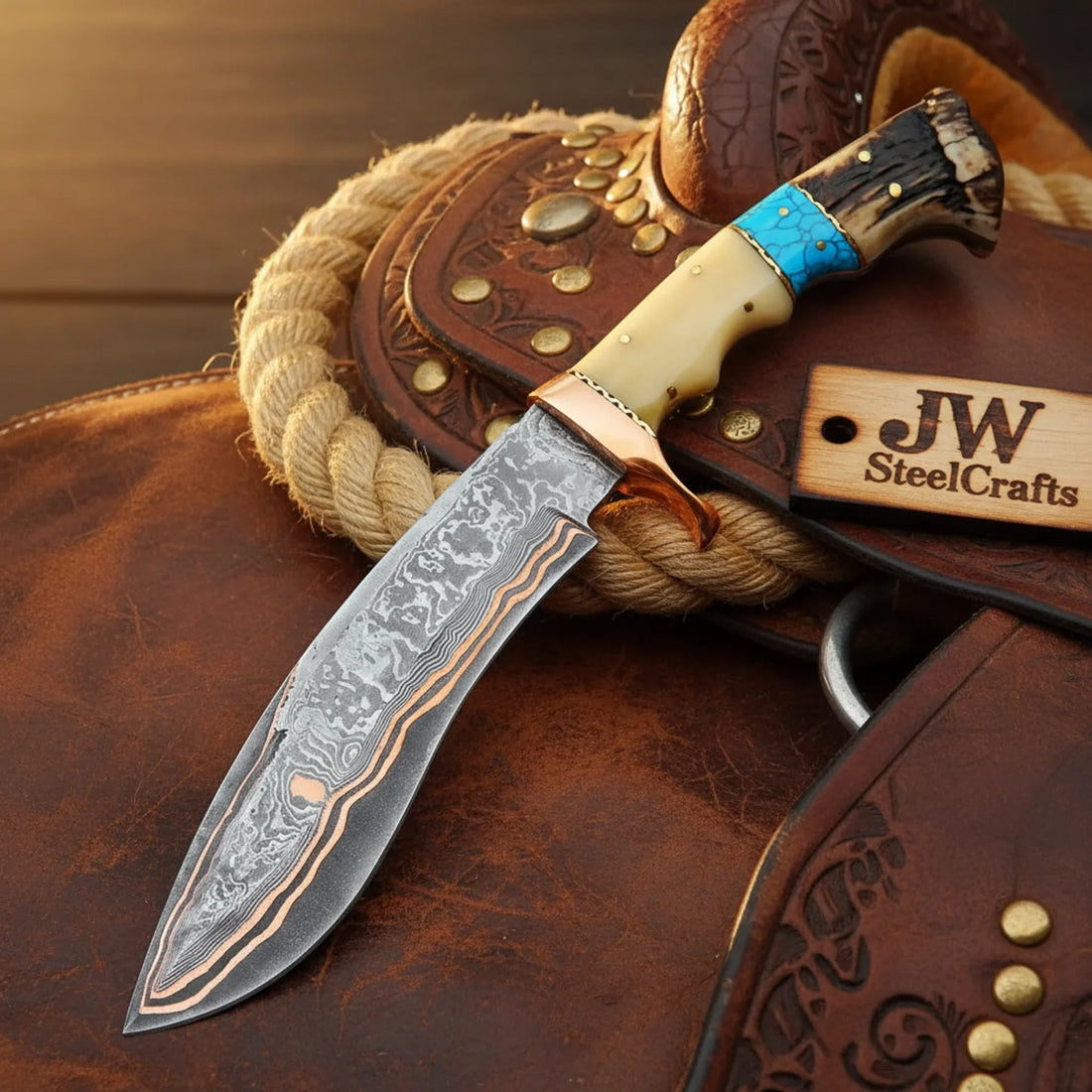 Handmade San Mai Damascus Knife Copper Kukri with Camel Bone Handle