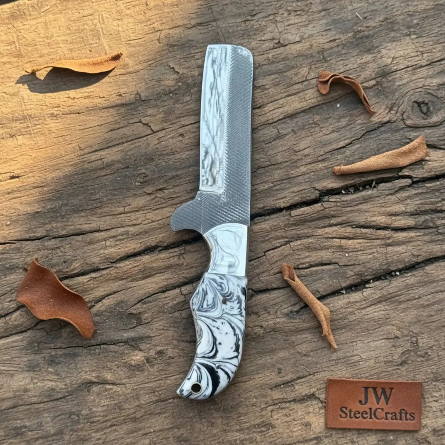 Rasp Steel Bull Cutter Knife — White and Black Marble Resin Handle, Bottle Opener Blade, Steel Bolster &amp; Lanyard Hole