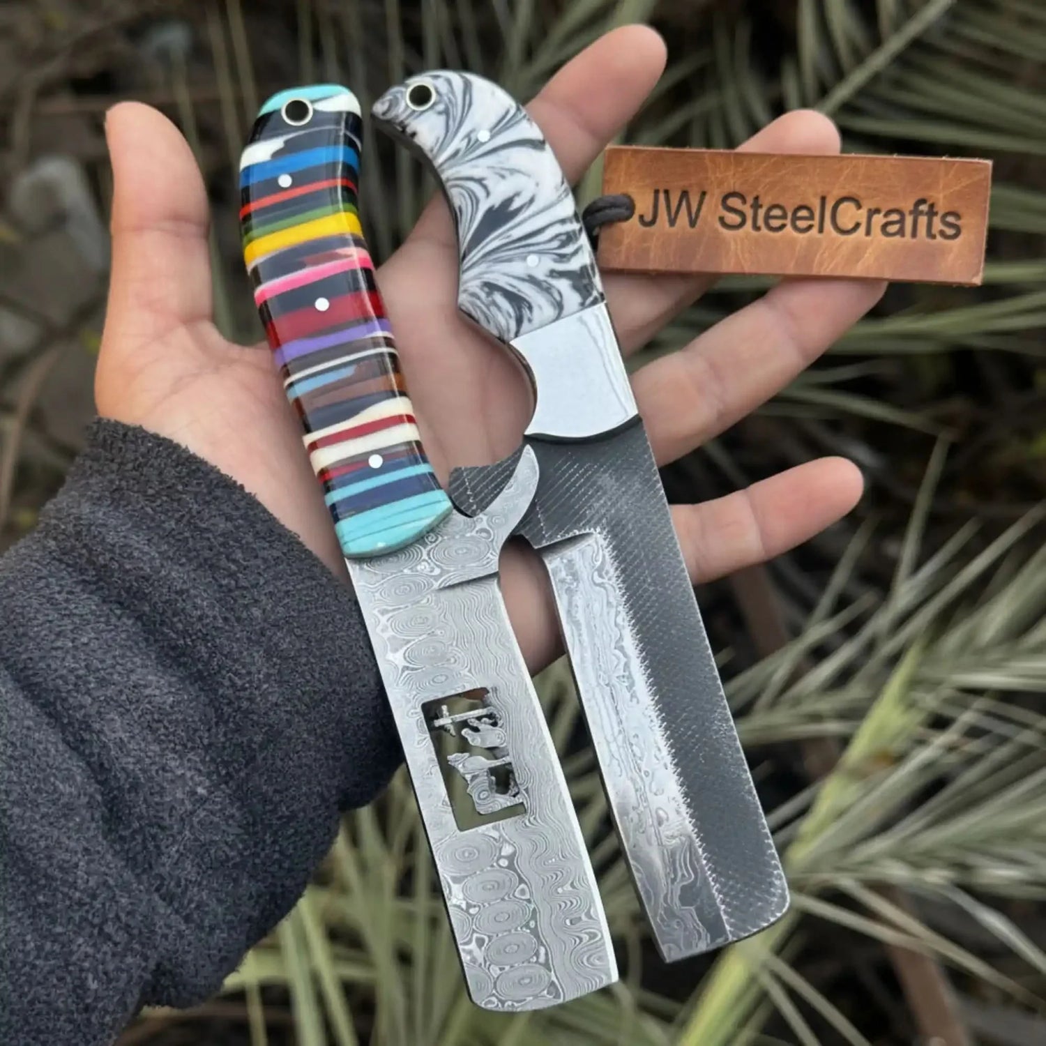 2-Piece Fixed Blade Knives — Rasp Steel Cleaver Rainbow Resin Handle &amp; Damascus Sheepsfoot Marble Resin Handle