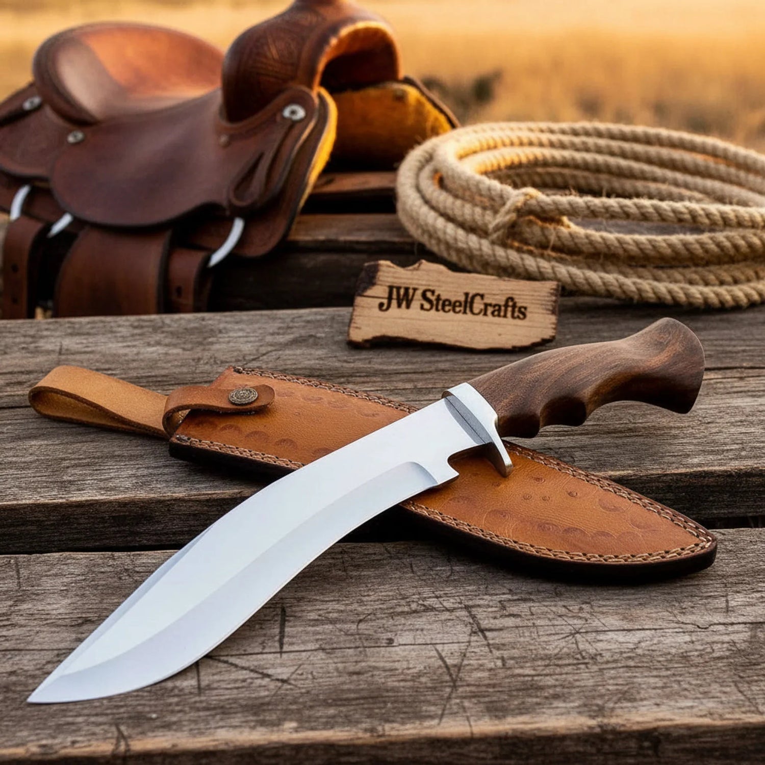 Walnut Handle Bowie Knife with Hand-Forged Carbon Steel Blade for Hunting &amp; Outdoor Use