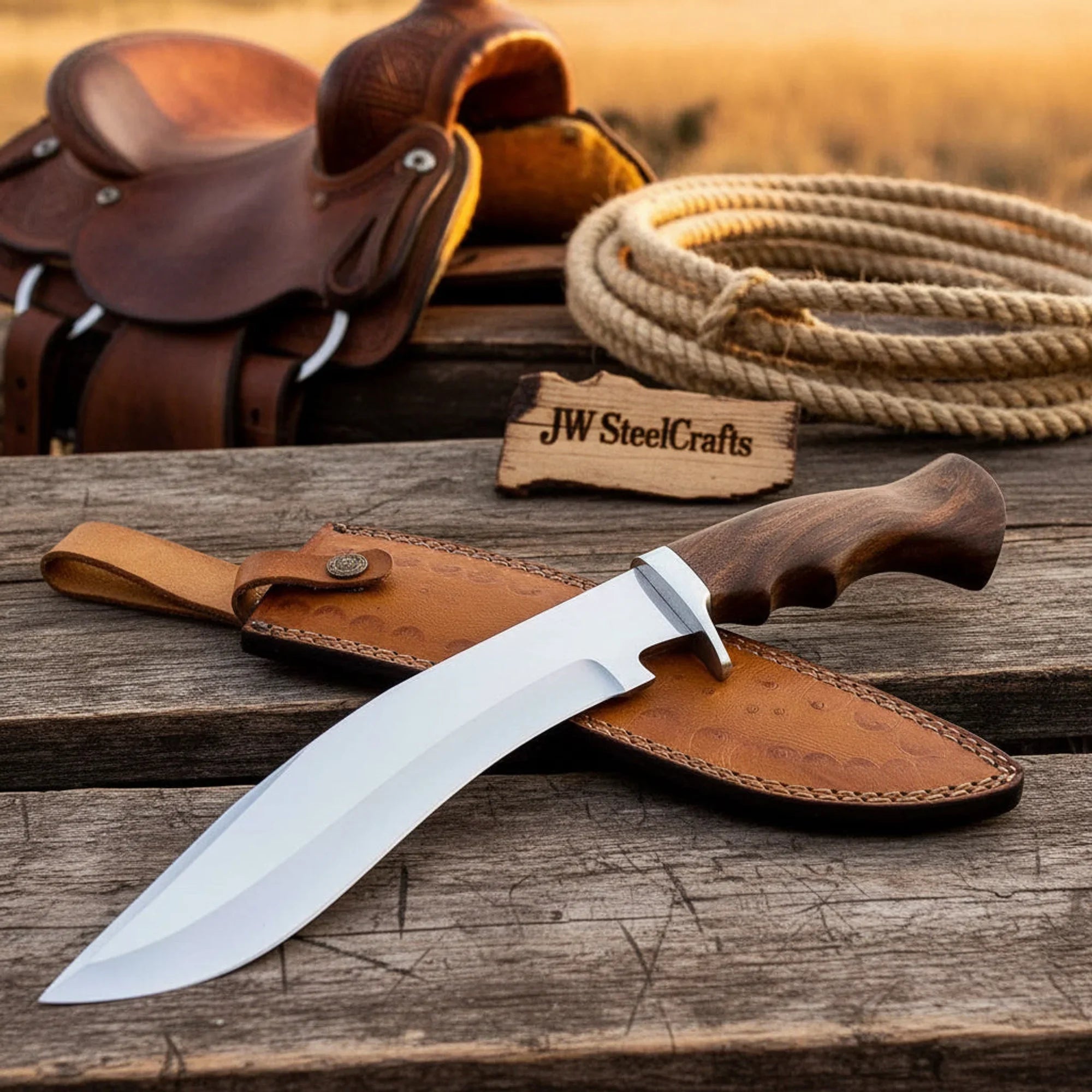 Walnut Handle Bowie Knife with Hand-Forged Carbon Steel Blade for Hunting &amp; Outdoor Use