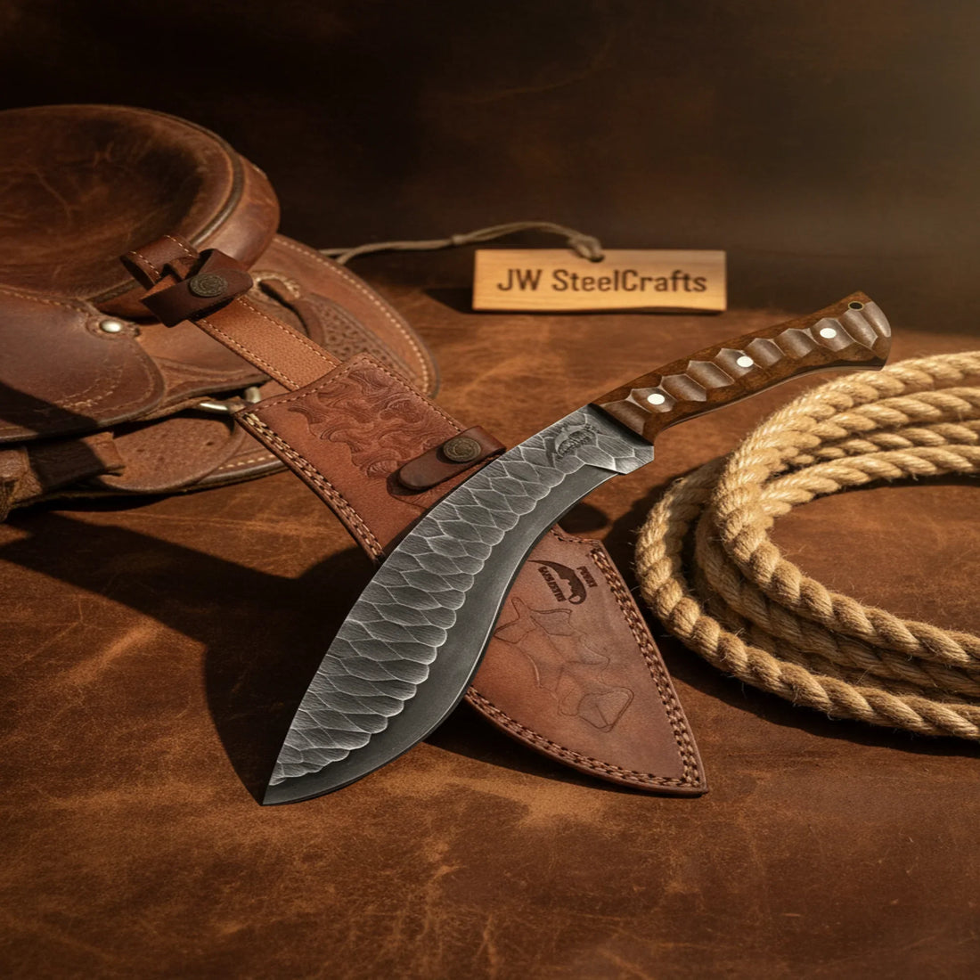 Kukri Machete Knife with Carbon Steel Blade and Brown Micarta Handle