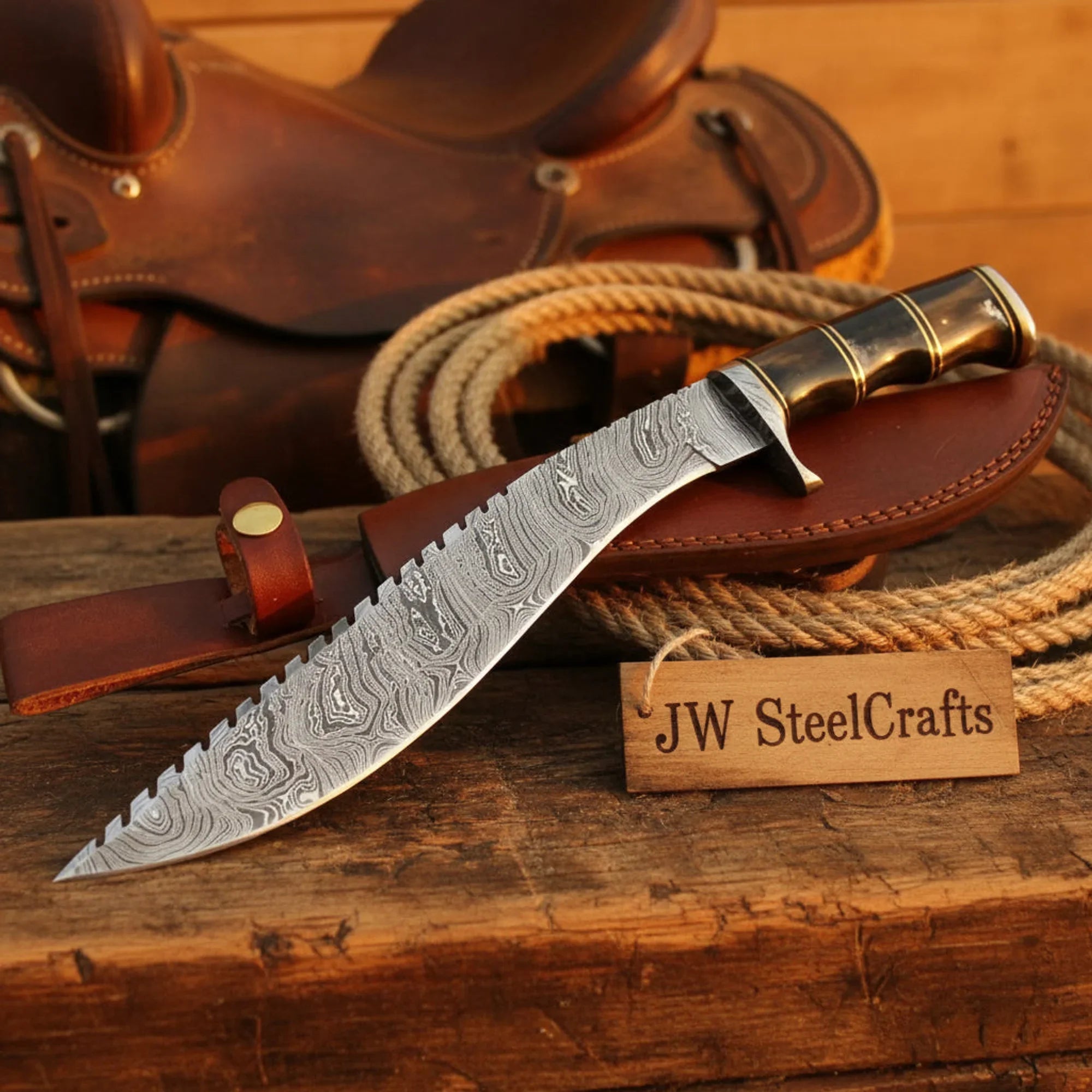 Hand Forged Damascus Gurkha Machete Black Resin Handle Brass Spacer Serrated Spine 12"