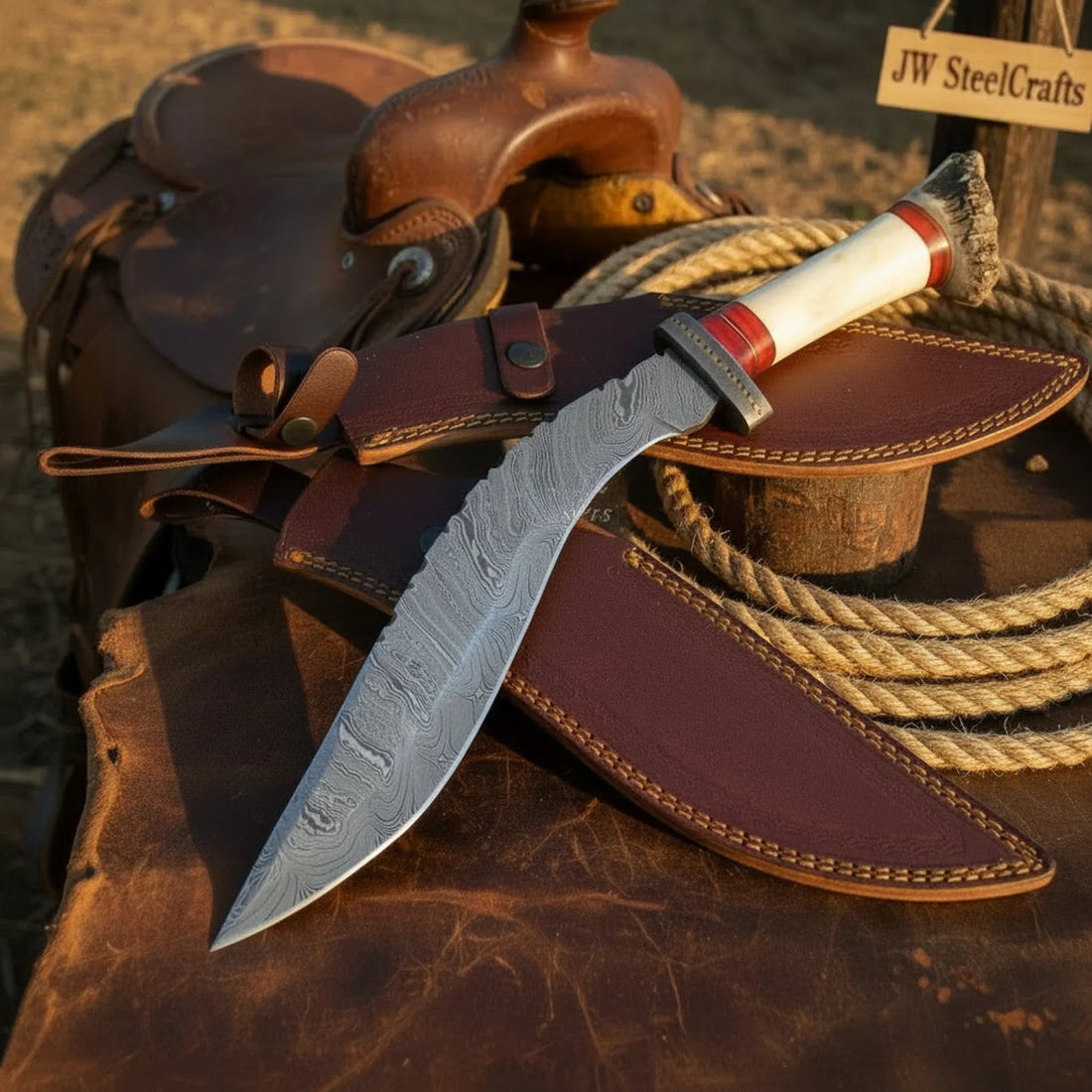 Tundra Ridge Damascus Kukri – Hand-Forged Stag &amp; Bone Hunting Knife by Shard Blade