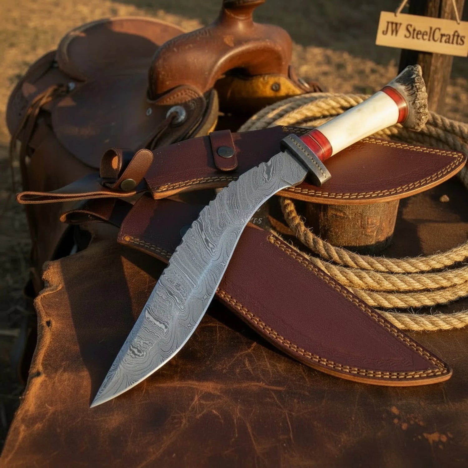 Tundra Ridge Damascus Kukri – Hand-Forged Stag &amp; Bone Hunting Knife by Shard Blade