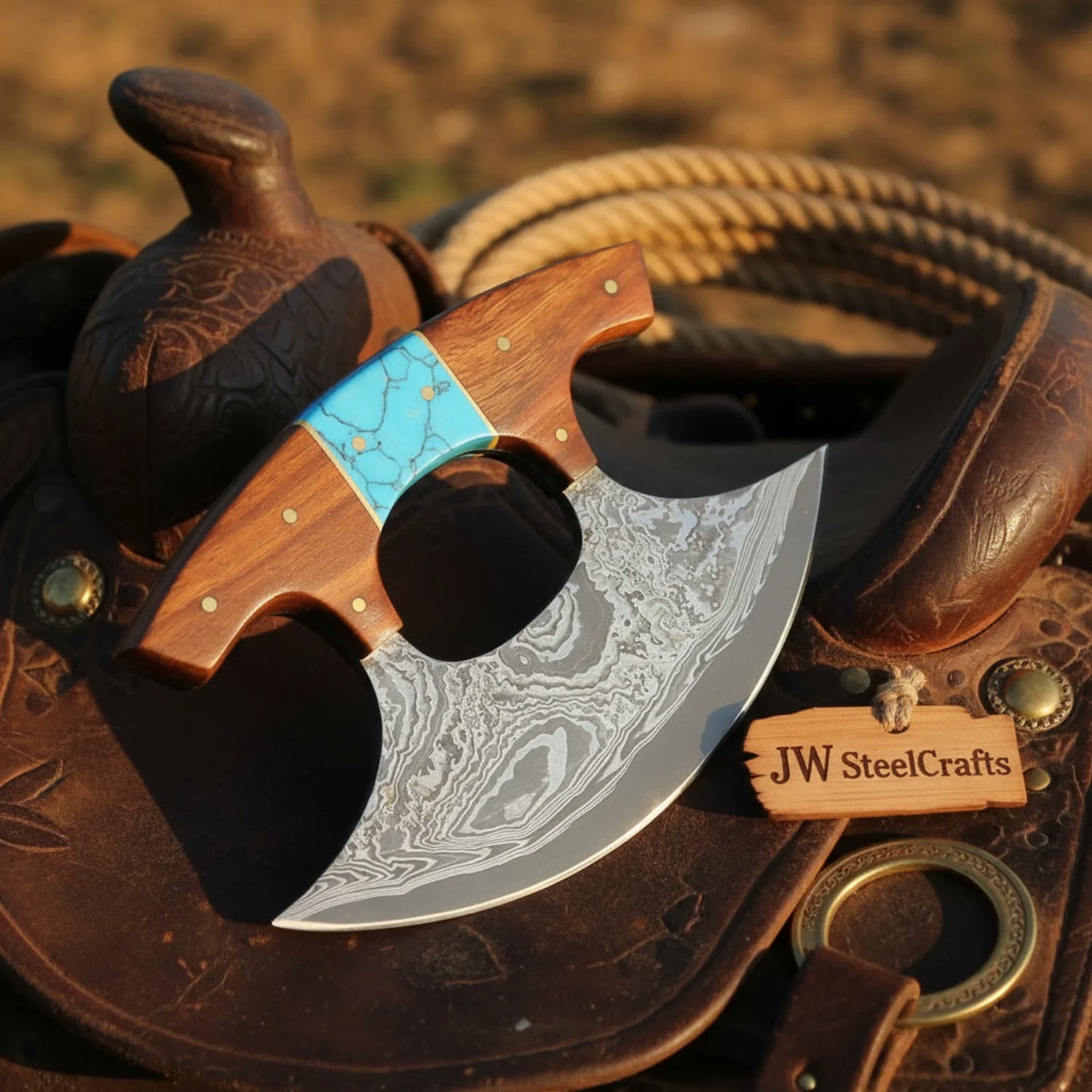 Damascus Push Dagger Ulu knife 4" Rosewood Turquoise Handle Kitchen Chopper Pizza Cutter