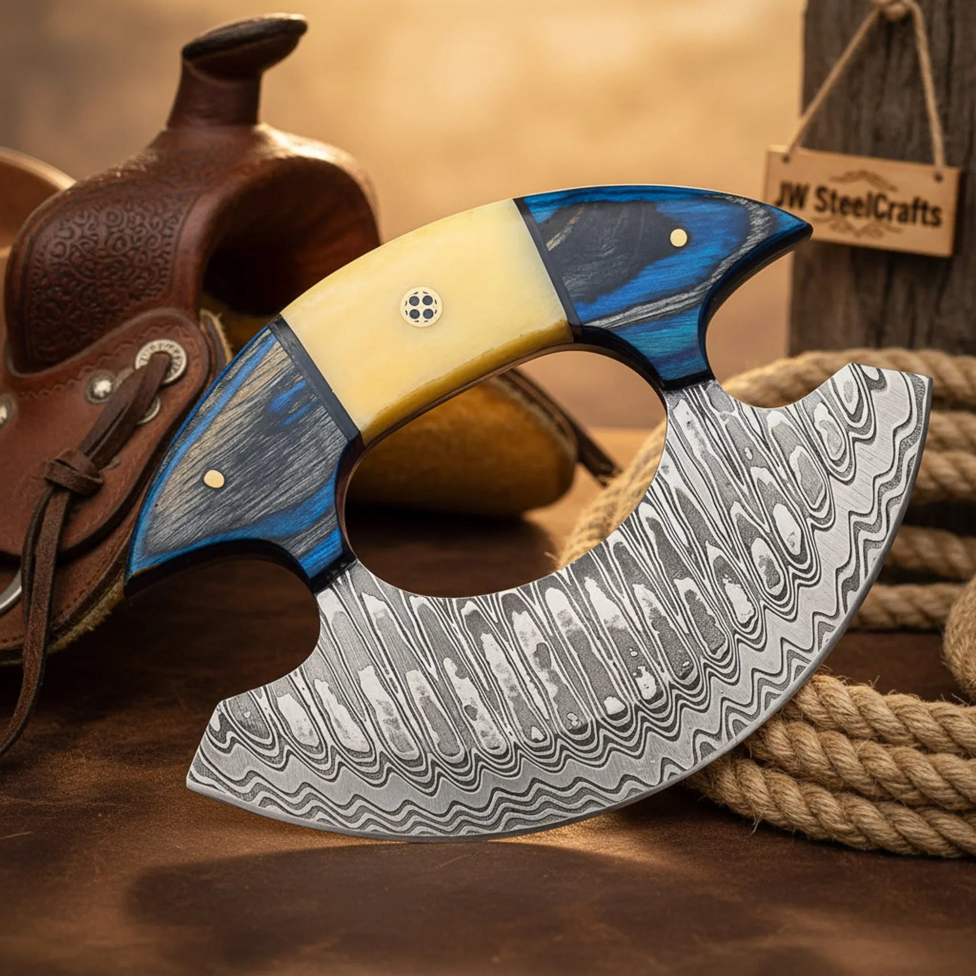 Pakkawood Handle Ulu Rocker – Hand-Forged Damascus Steel Crescent Knife with Mosaic Pin Detail