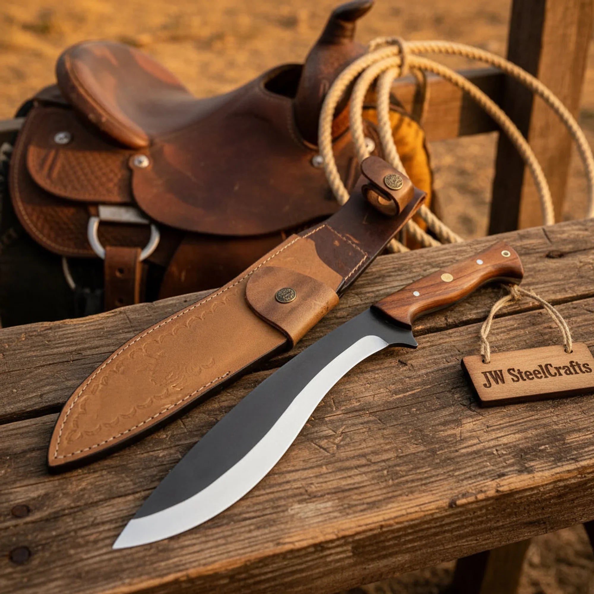 Hand-Forged Carbon Steel Kukri Knife 14" Walnut Wood &amp; Leather Sheath