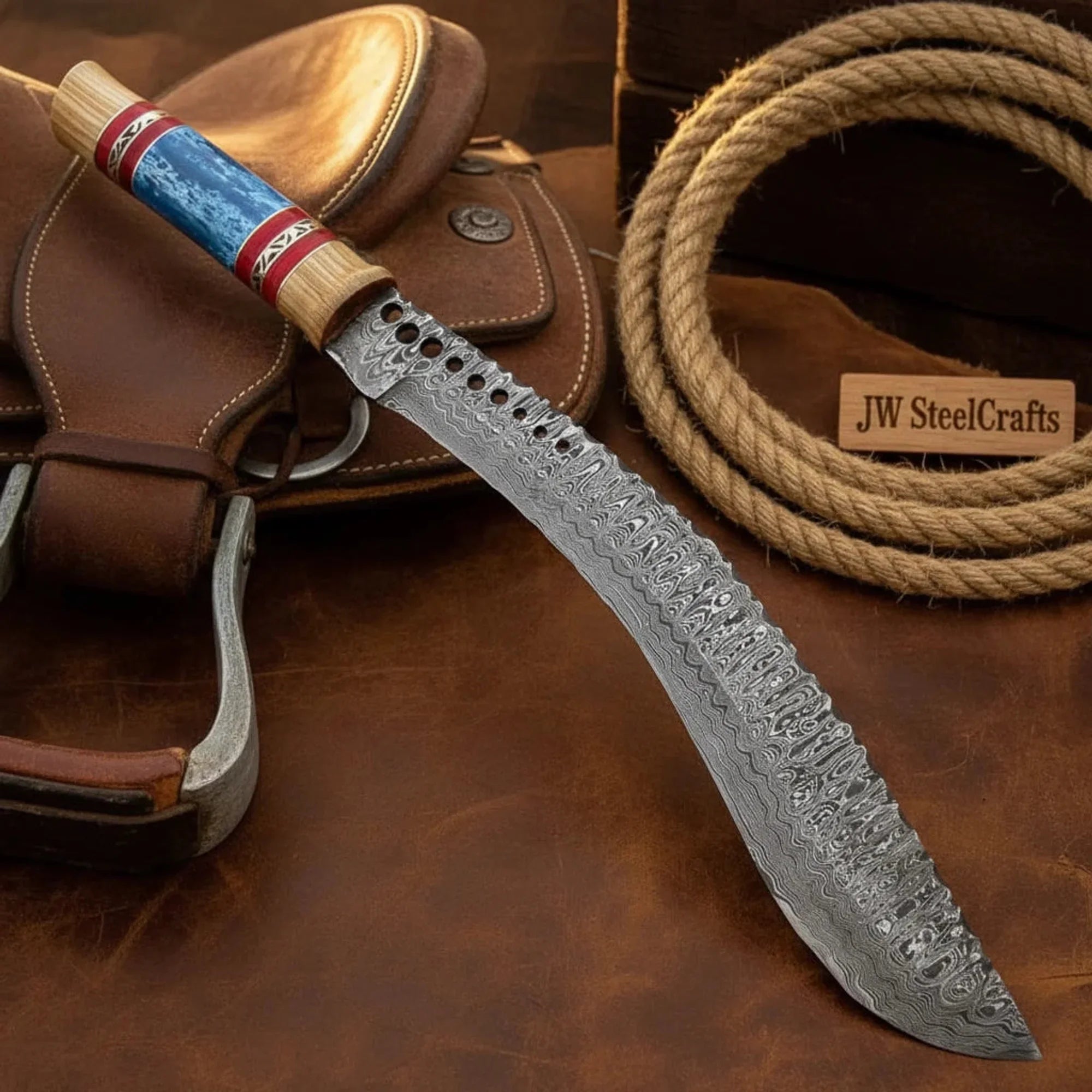 Damascus Sawback Kukri Machete Knife Blue Bone &amp; Olive Wood Handle, 15"