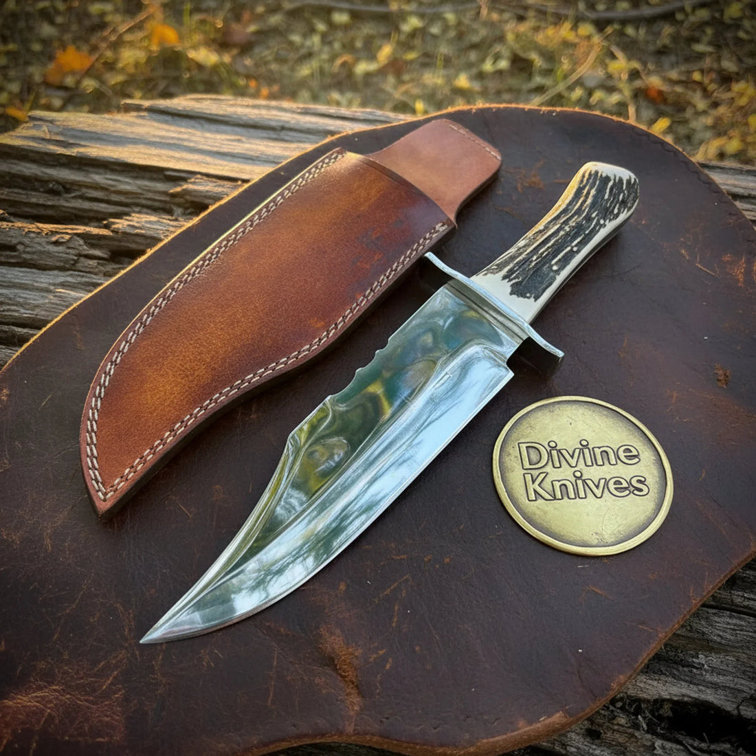 Damascus Knife with Purple Wood Handle and Hand Tooled Leather Sheath