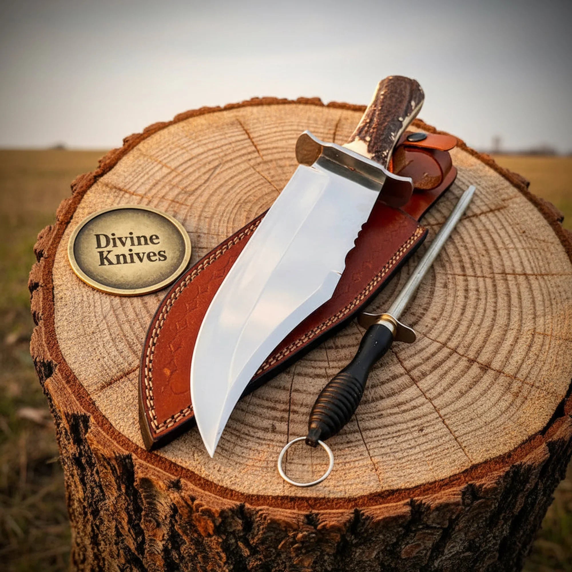 Stag Handle Damascus Knife with Green Stacked Handle – Handcrafted Bowie with Leather Sheath