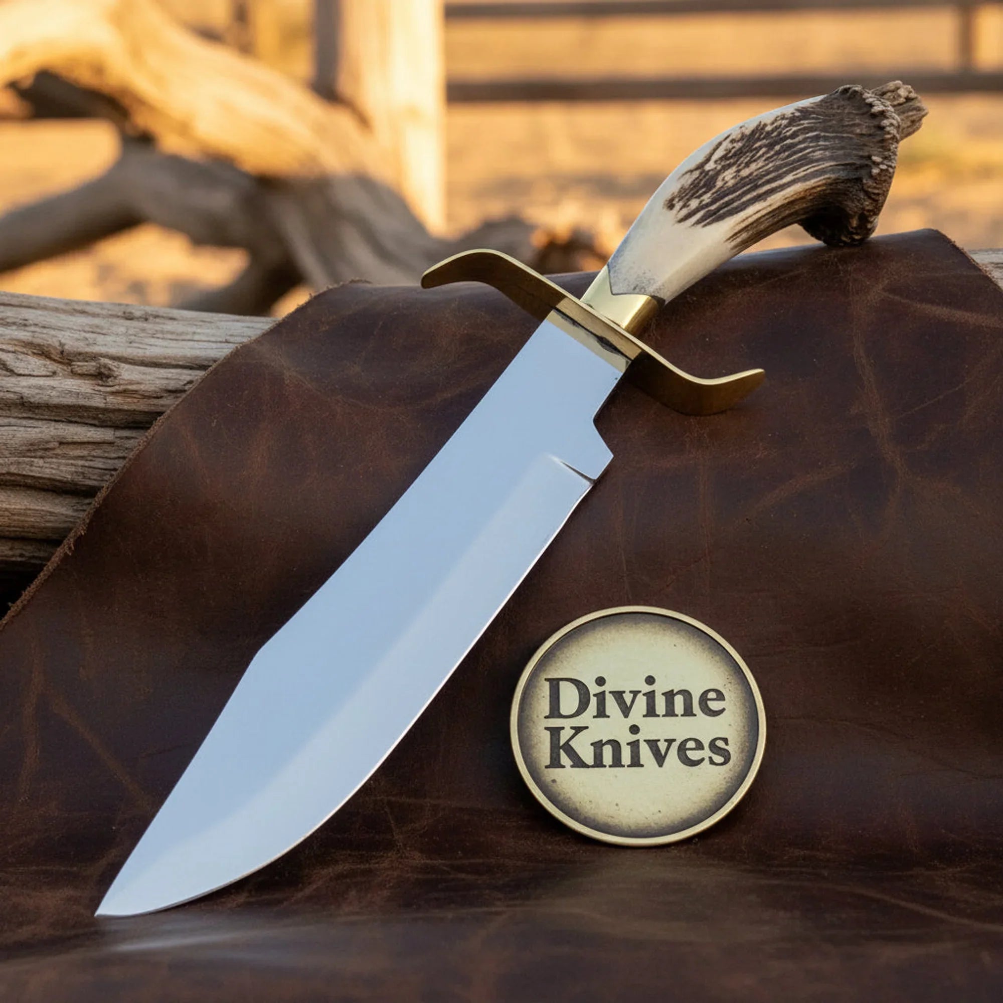 Stag Handle Hunting Knife with Drop Point Blade – Handcrafted Skinner with Crossdraw Sheath