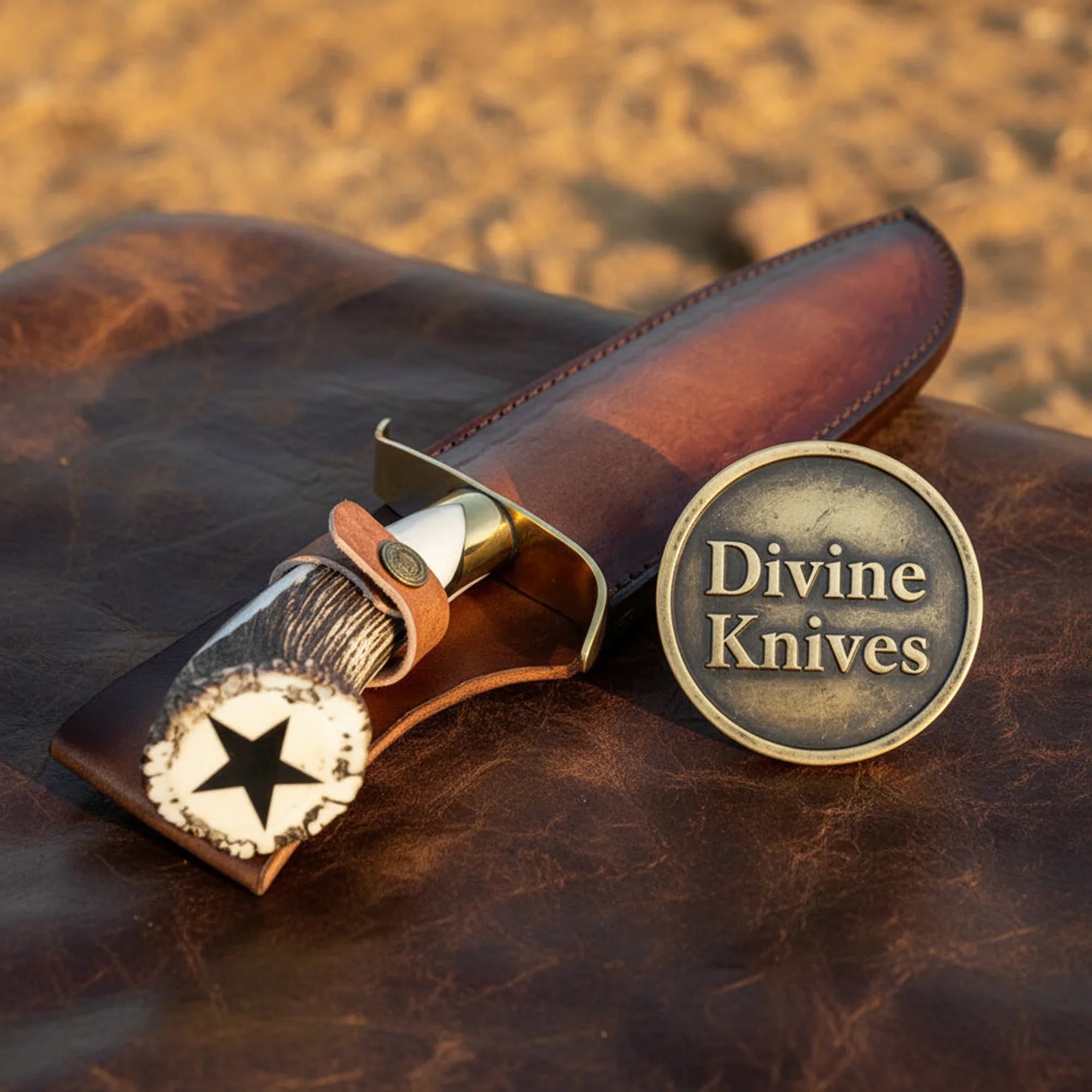 Stag Handle Hunting Knife with Drop Point Blade – Handcrafted Skinner with Crossdraw Sheath