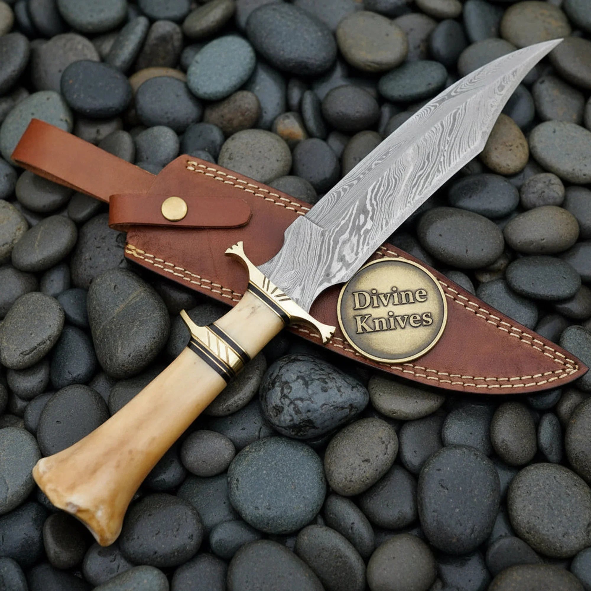 Damascus Bowie Knife with Pakkawood Handle – Handcrafted Collectible with Brass Guard