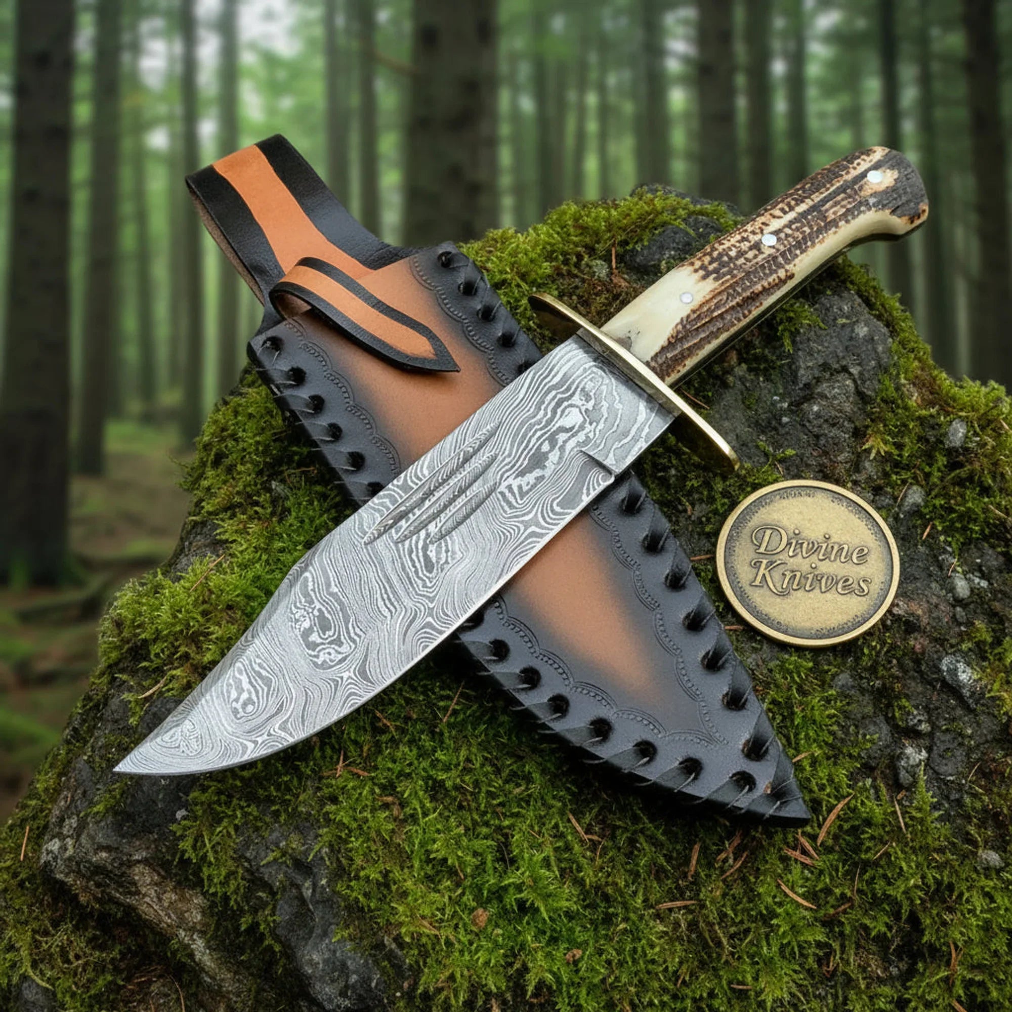Stacked Leather Damascus Bowie Knife with Brass Fittings &amp; Sheath – Handcrafted Frontier Collector&