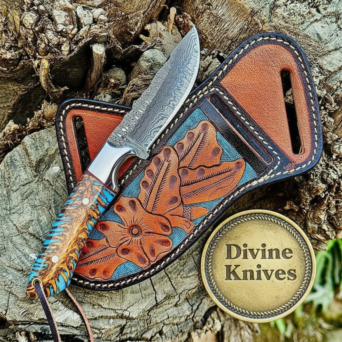 Damascus Cowboy Bull Cutter with Bone Handle – Handcrafted Ranch Classic with Crossdraw Sheath
