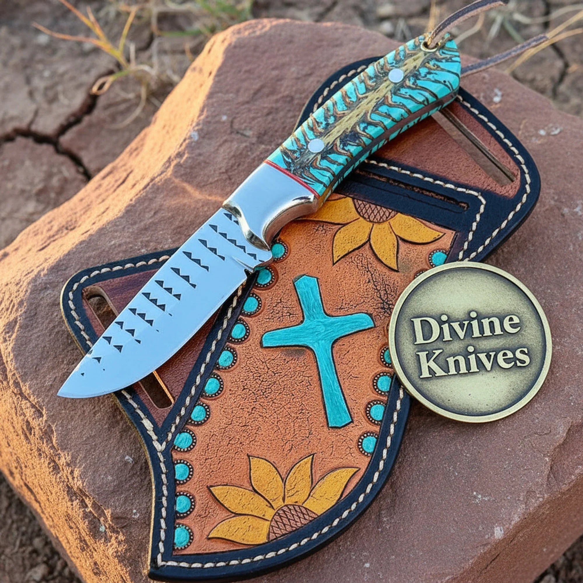 Rasp Steel Cowboy Knife with Olive and Turquoise Floral Sheath