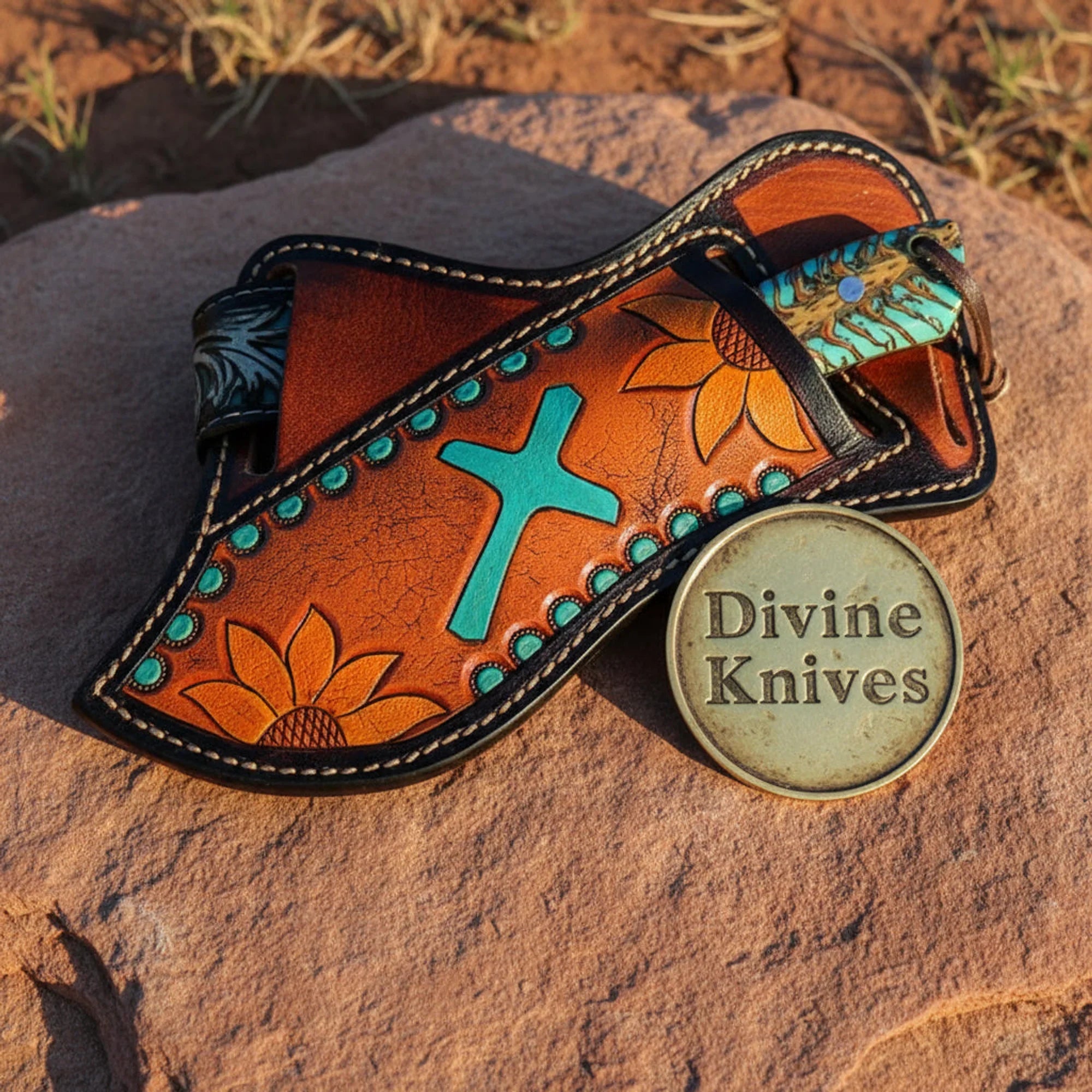 Rasp Steel Cowboy Knife with Olive and Turquoise Floral Sheath