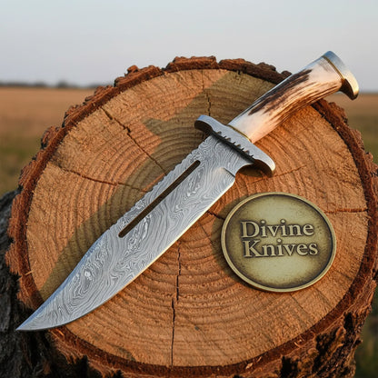 Damascus Bowie Knife with Stag Handle – Handcrafted Outdoor Knife with Laced Leather Sheath