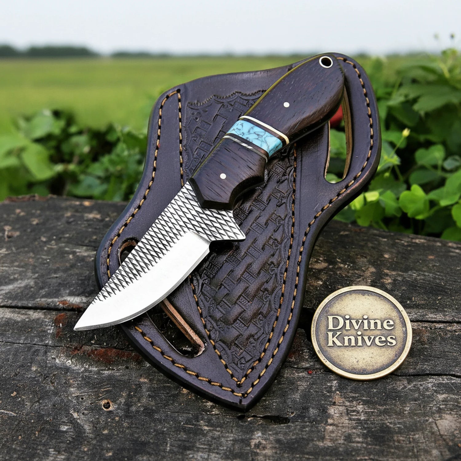 High-Polished Clip-Point Bowie Knife with Wood Handle &amp; Lanyard – Handcrafted Outdoor Field Knife