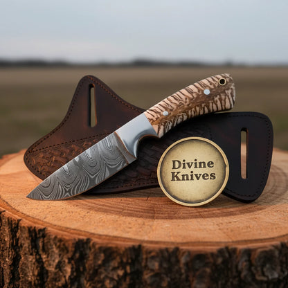Damascus Cowboy Knife with Marbled Handle – Handcrafted Compact Ranch Blade with Crossdraw Sheath