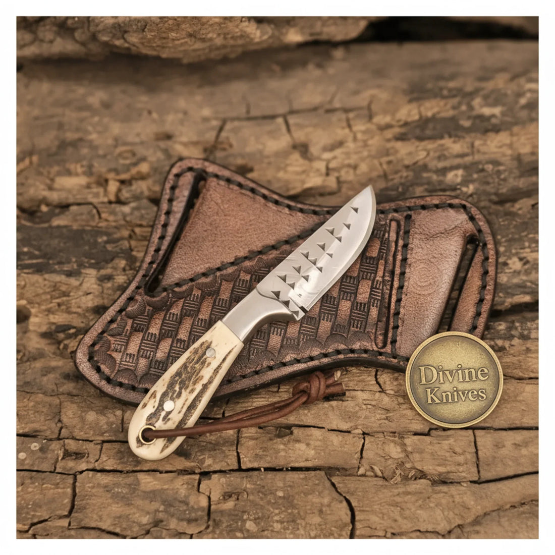 Stag Antler Damascus Bowie Knife with Belt Sheath – Handcrafted Hunting &amp; Collector&