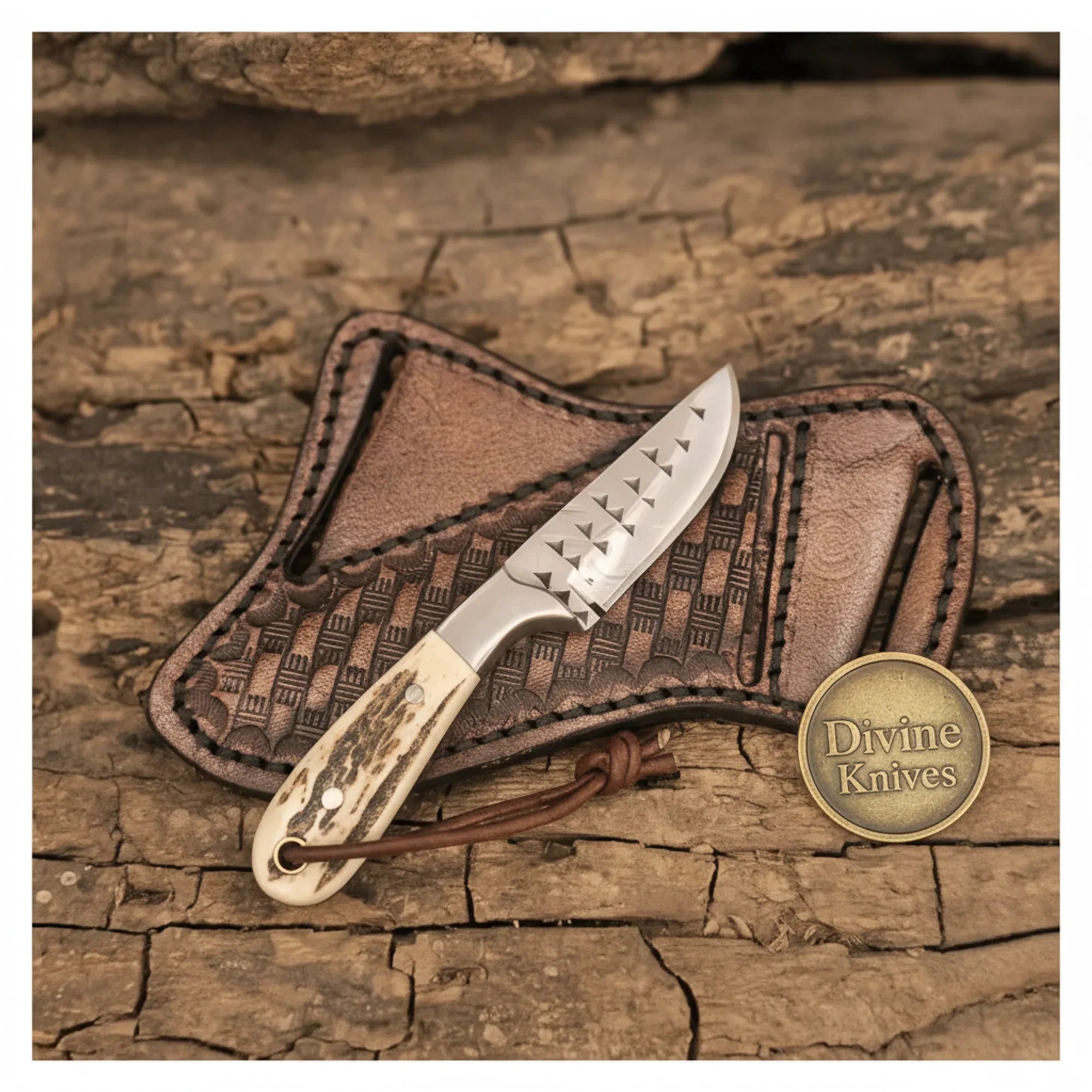 Stag Antler Damascus Bowie Knife with Belt Sheath – Handcrafted Hunting &amp; Collector&