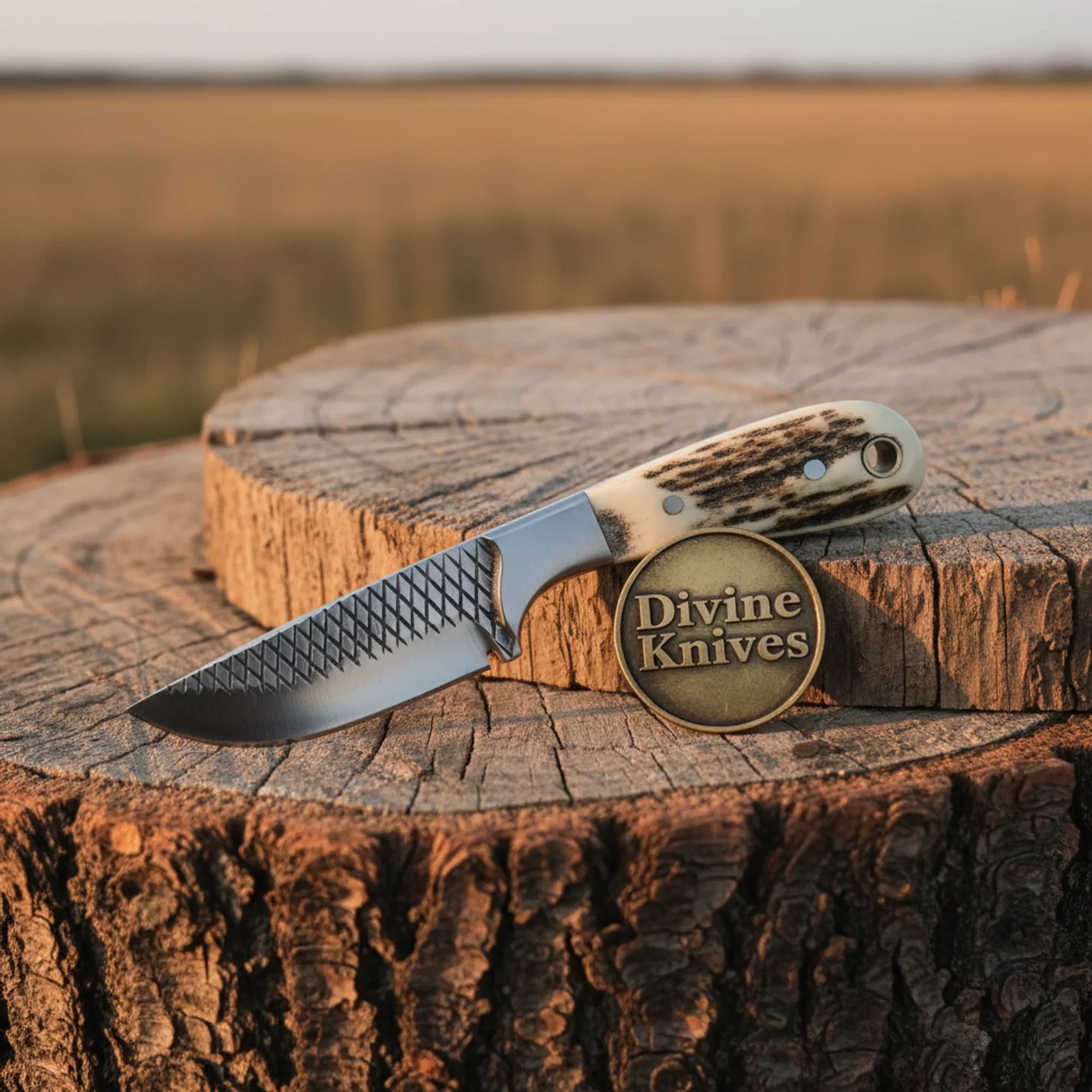 Stag Antler Damascus Bowie Knife with Belt Sheath – Handcrafted Hunting &amp; Collector&