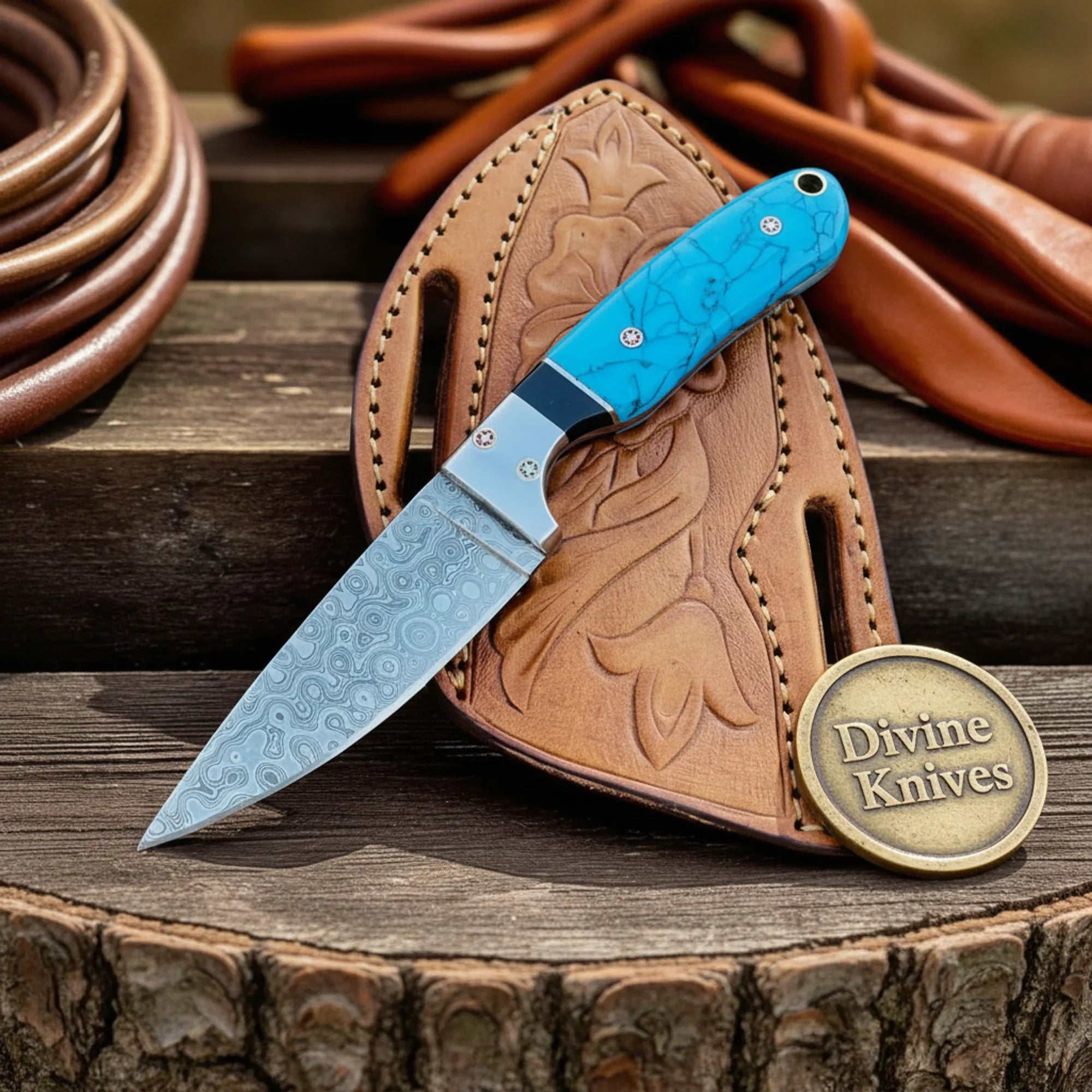 Walnut Handle Damascus EDC Knife with Tooled Leather Sheath