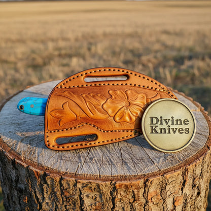 Damascus EDC Knife with Walnut Handle – Handcrafted Everyday Carry Blade with Tooled Sheath