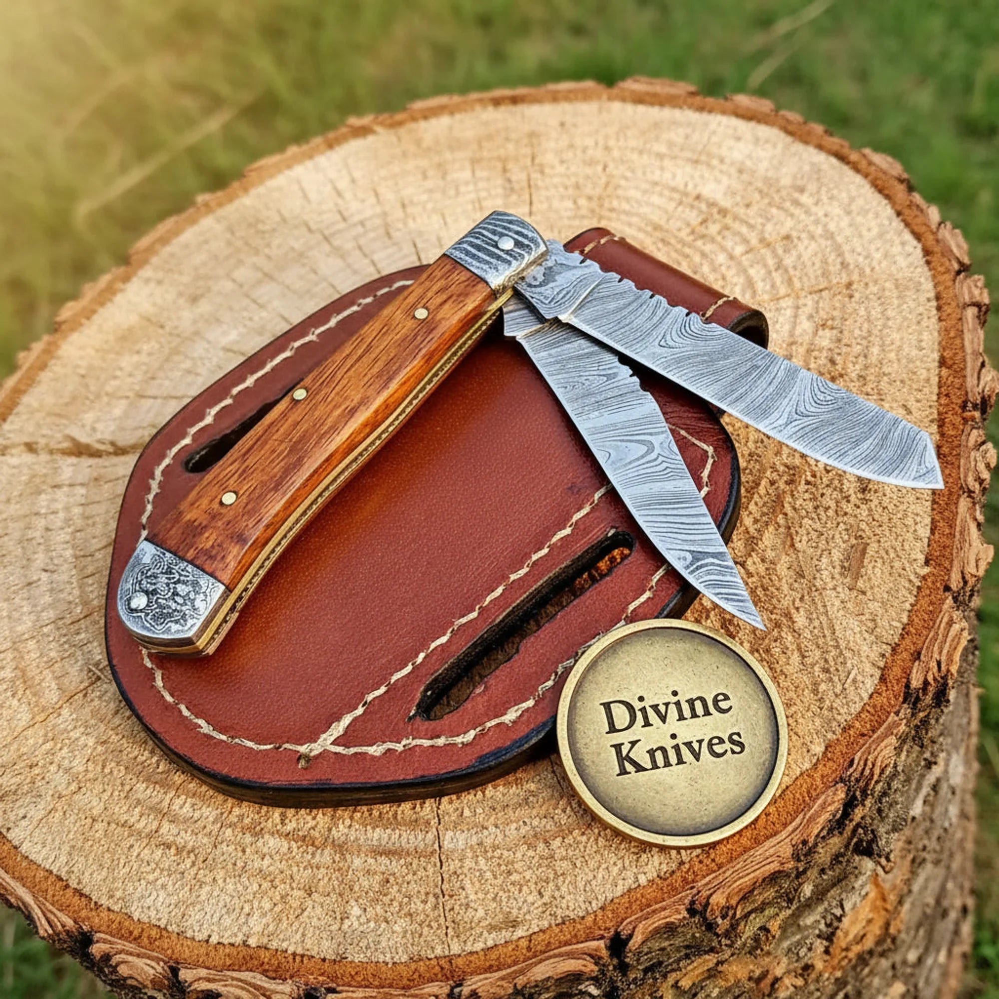 Two-Blade Damascus Trapper Knife with Rosewood Handle – Handcrafted Everyday Carry with Damascus Bolsters (3–4 Inch Blades)
