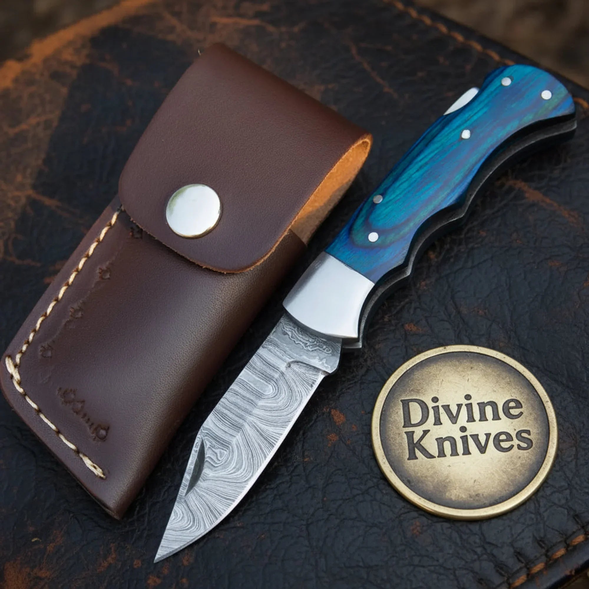 Blue Pakka Wood Handle Damascus Trapper Knife for Everyday Carry