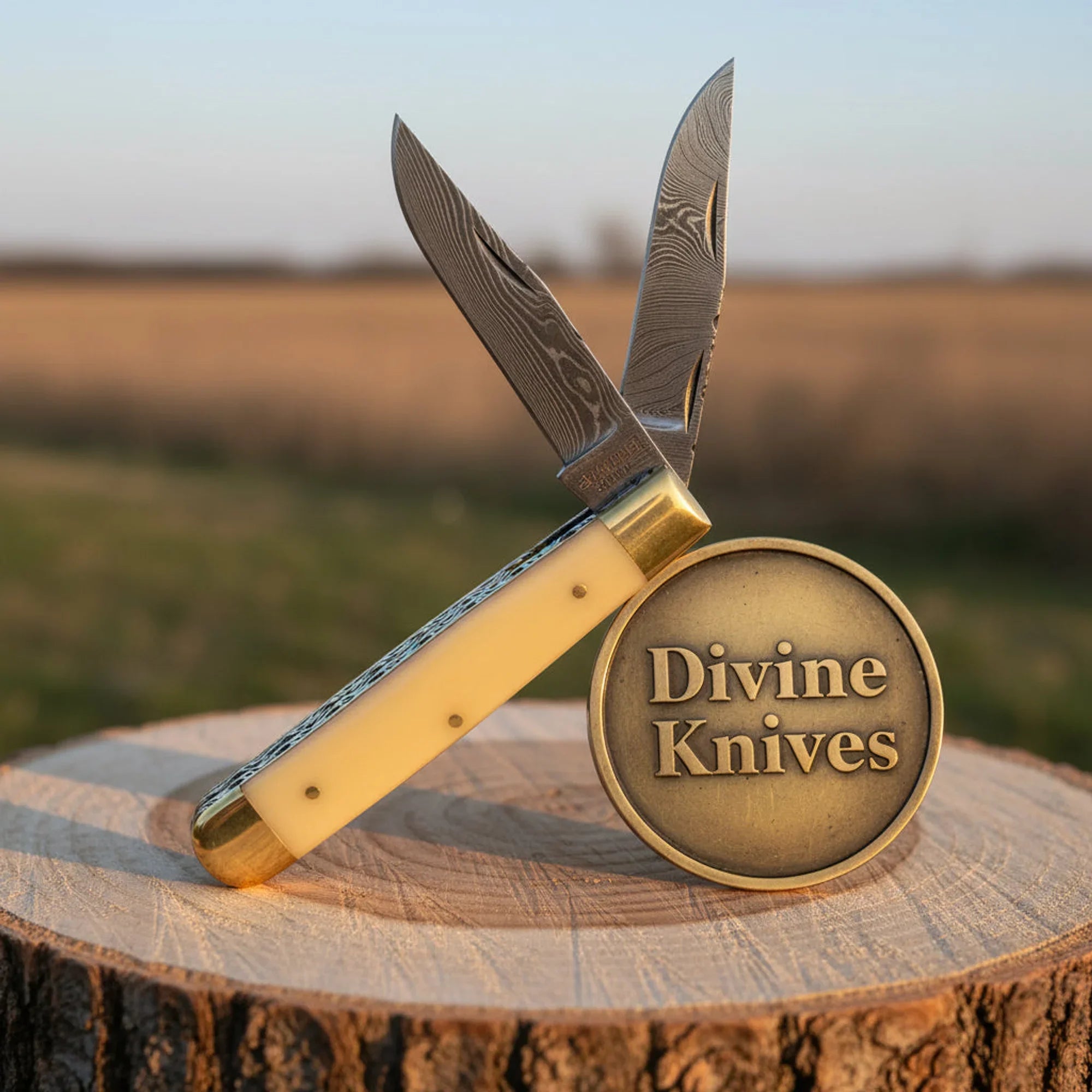Classic Double Blade Damascus Trapper Knife with Jigged Bone Grip