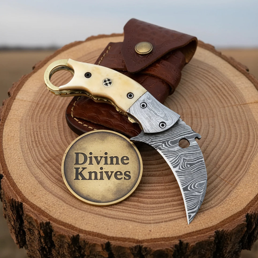 Damascus Linear Lock Folding Knife with Camel Bone Handle and Curved Blade