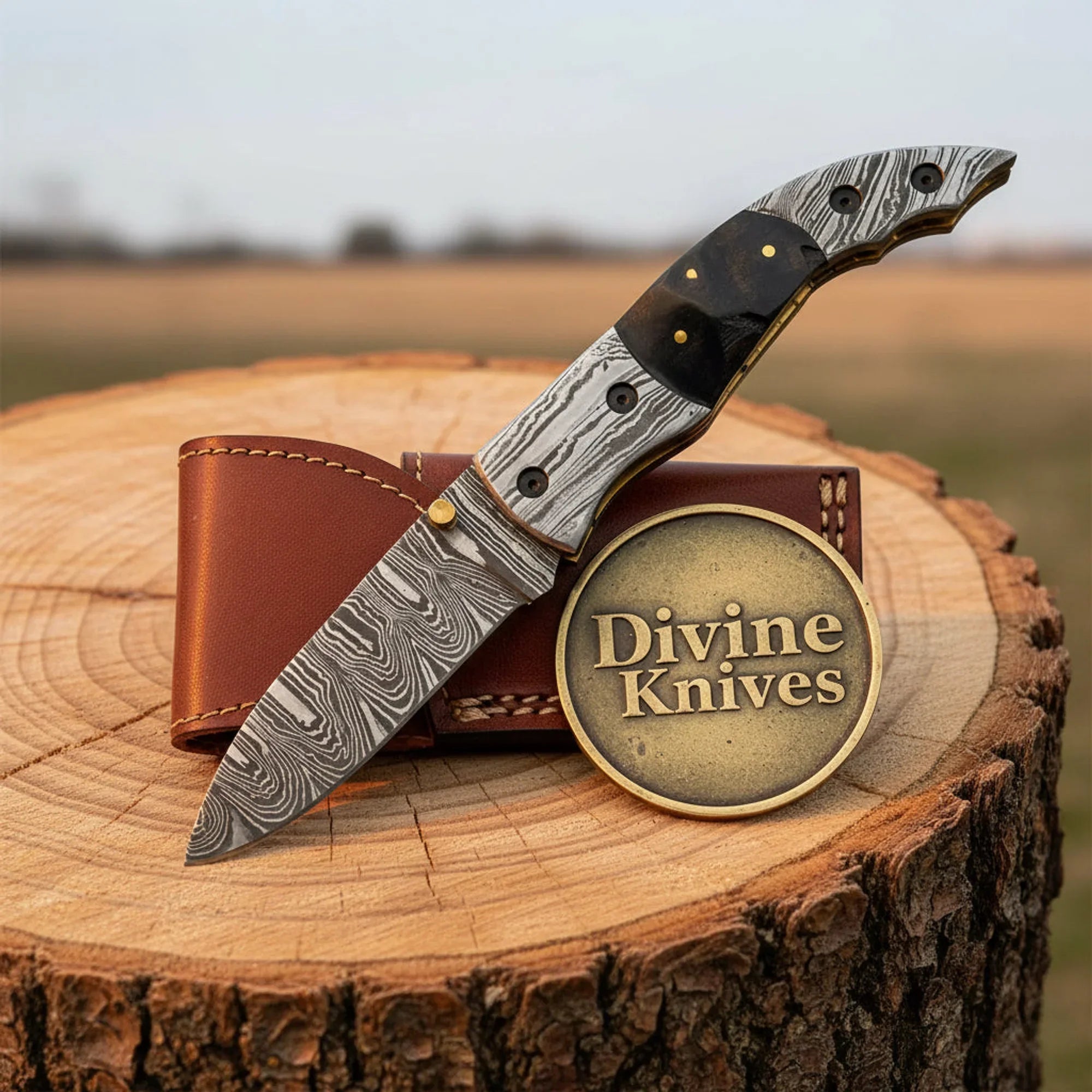 Damascus Linear Lock Folding Knife with Ram Horn Handle and 4 Inch Blade