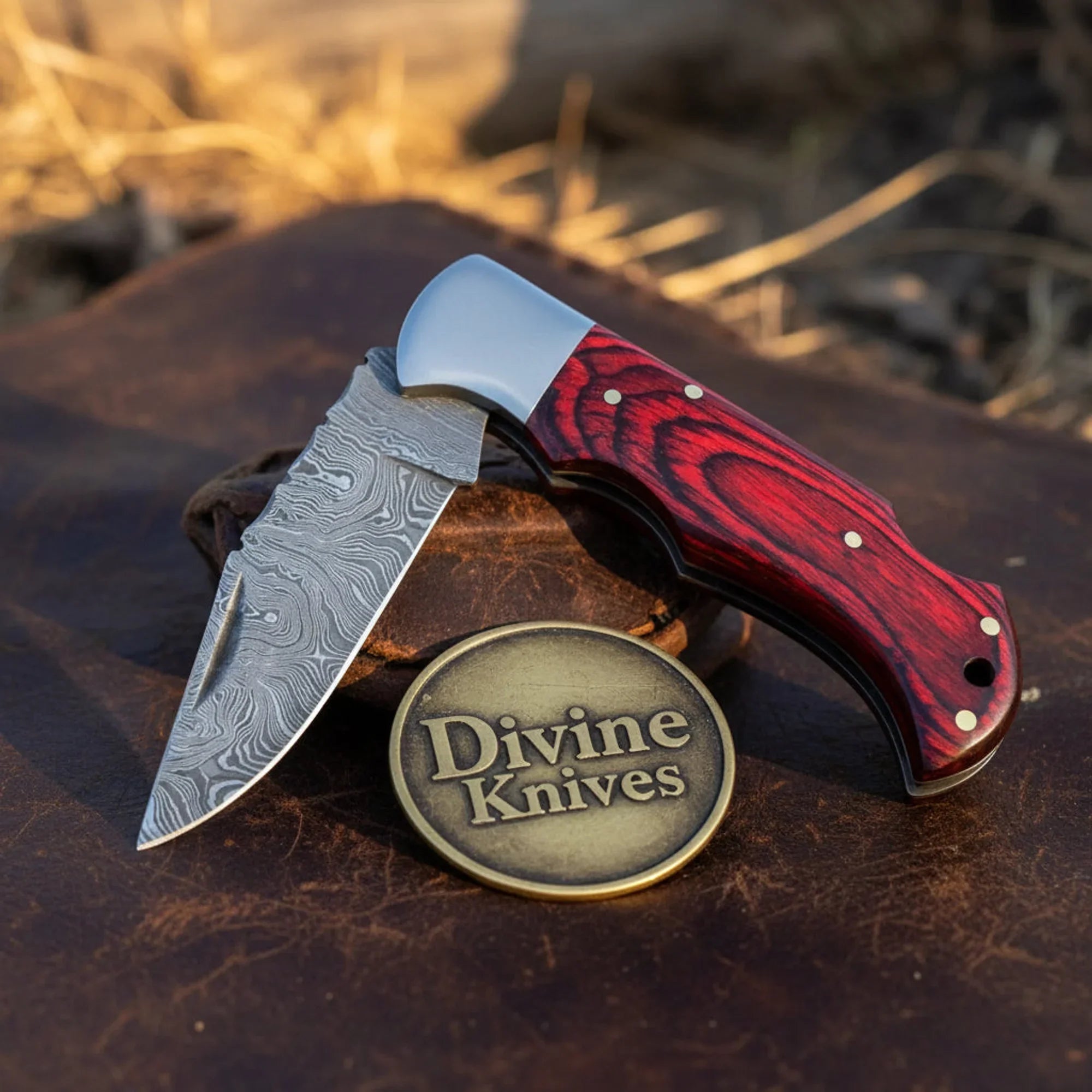 Red and Black Pakka Wood Damascus Folding Knife for Outdoor Use