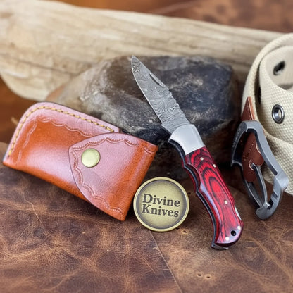 Damascus Clip Point Folding Knife with Red and Black Pakka Wood Handle