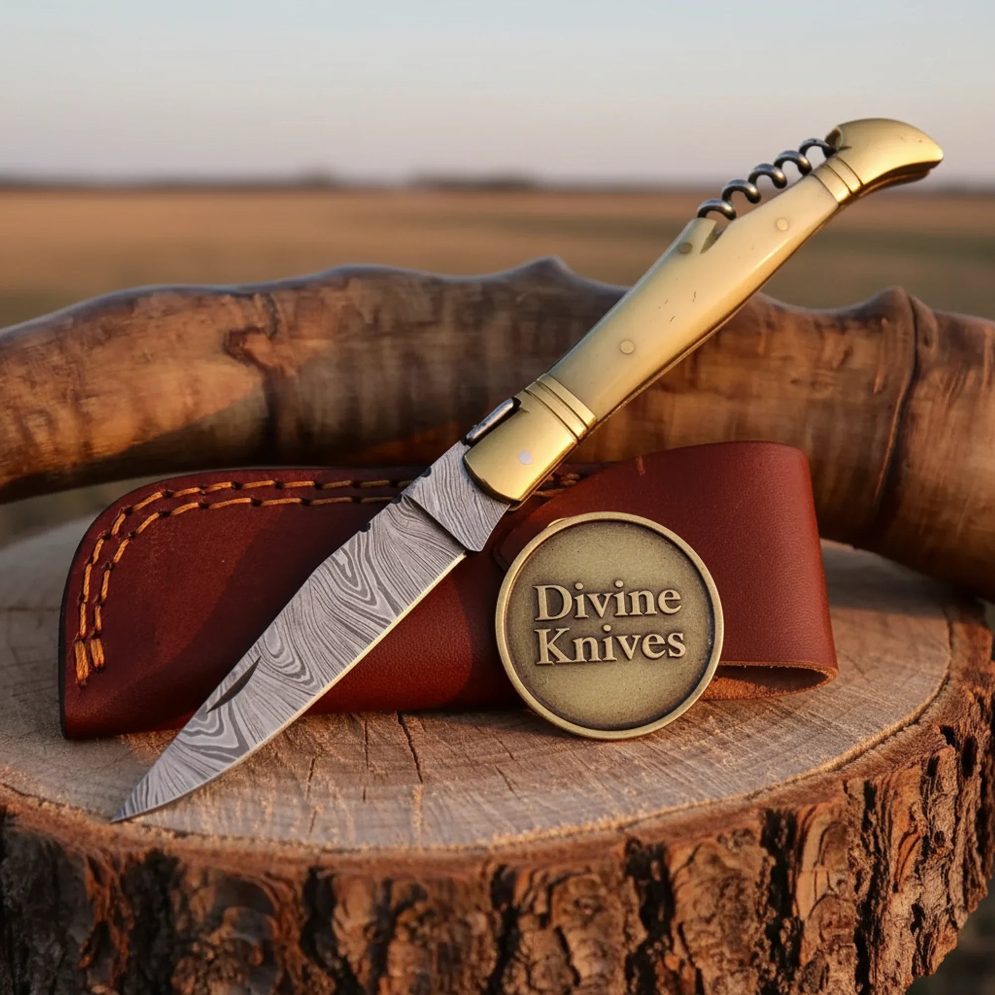 Laguiole Style Damascus Folding Knife with Brass Bolster and Corkscrew Tool