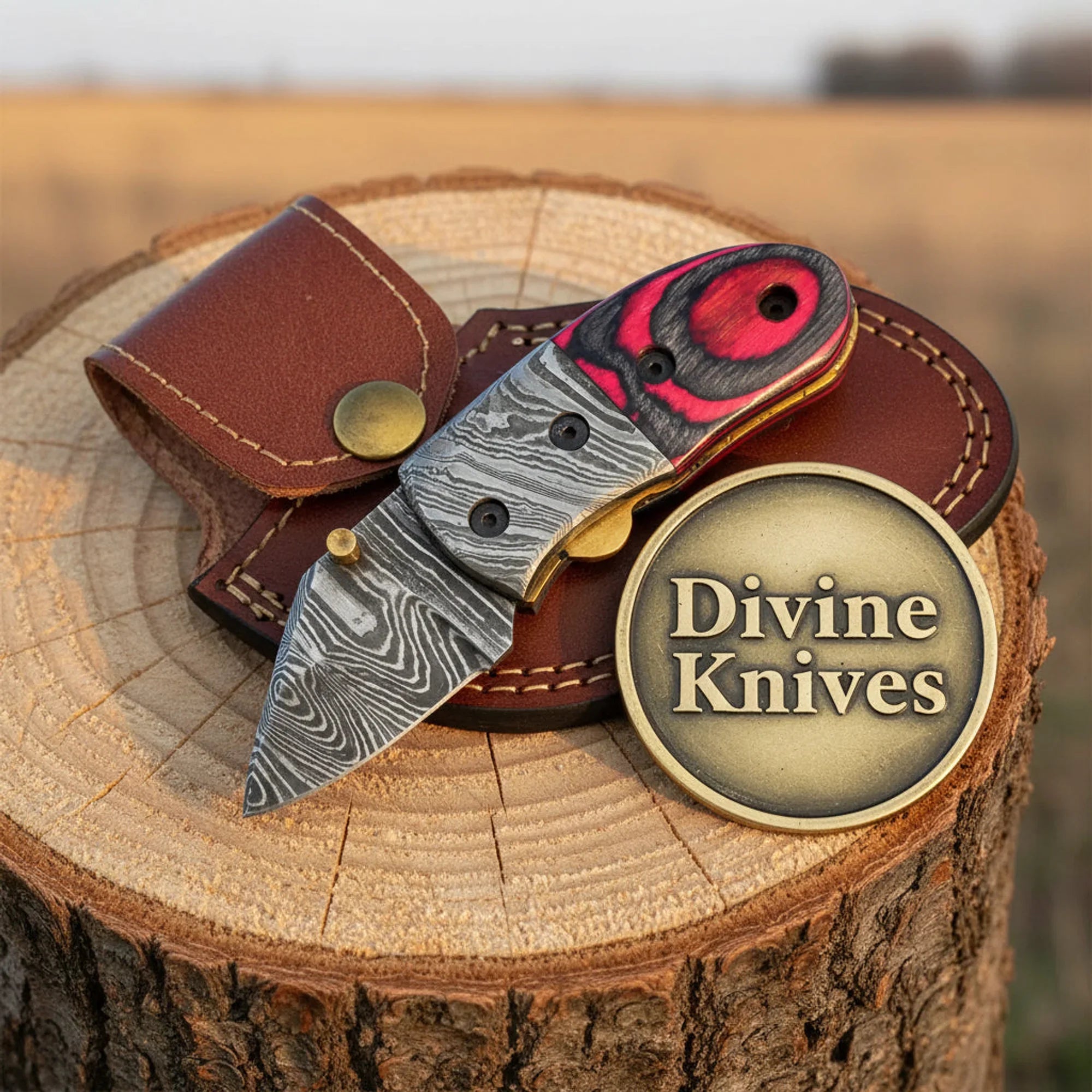 Compact Damascus Pocket Knife with Pink and Black Pakka Wood Handle
