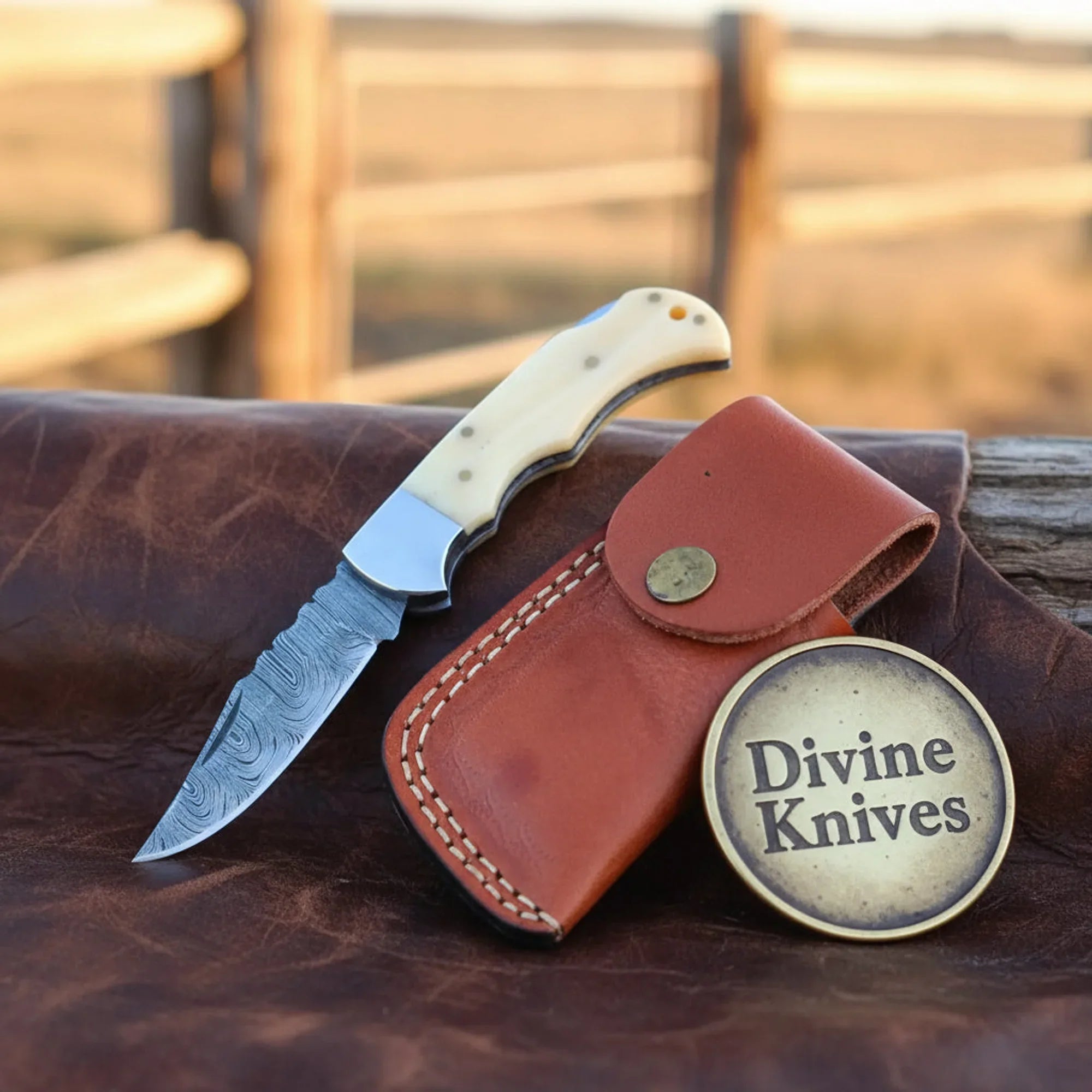 Damascus Skinner Knife with Camel Bone Handle and Leather Sheath